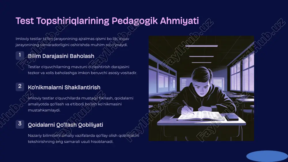va tushuntirish har bir noto‘g‘ri javobning sababini topish va tegishli imlo qoidasini batafsil tushuntirish. zaif tomonlarni topish o‘quvchilarning eng ko‘p xato qilgan qoidalarini aniqlash va ular bo‘yicha qo‘shimcha mashg‘ulotlar tashkil etish. ijobiy rag‘batlantirish muvaqqiyatli natijalarni eʼtirof etish va o‘quvchilarni o‘zlashtirishda davom etishga ruhlantirish. 8 zamonaviy ta’limda imloviy testlardan foydalanish raqamli texnologiyalar imloviy savodxonlikni baholash va o‘rgatish usullarini tubdan o‘zgartirmoqda. raqamli interaktiv testlar maxsus ta'lim platformalarida interaktiv testlar yaratish. bu jarayonni yanada qiziqarli va samarali qiladi. o‘yin shaklidagi vazifalar imloviy qoidalarni o‘zlashtirishni rag‘batlantirish uchun gamifikatsiya elementlari bilan boyitilgan testlar. avtomatlashtirilgan baholash baholash jarayonini avtomatlashtiruvchi tizimlar o‘qituvchilarning vaqtini tejaydi va xolislikni ta’minlaydi. 9 xulosa va kelajakdagi tavsiyalar test – samarali vosita imloviy savodxonlikni oshirishda va bilimni baholashda test topshiriqlari eng samarali va zarur vositalardan biridir. doimiy yangilash zarurati test materiallarini doimiy ravishda yangilab borish, ularni o‘quvchilarning rivojlanayotgan ehtiyojlariga moslashtirish lozim. pedagogik metodlarni o‘rganish har bir o‘qituvchi test yaratishda zamonaviy pedagogik metodlarni va …