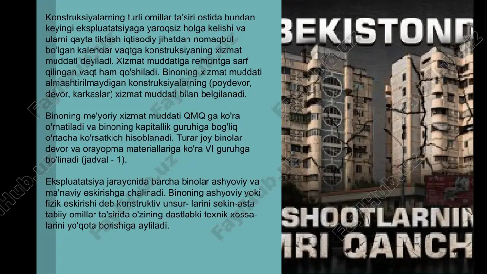 ladi. ko'p sonli besh- qavatli uylarning texnik xususiyatlari, rekonstruksiya (hajmiy rejaviy tavsiflarini o'zgartirish, oldqurma va hokazo) yoki xonadon jamg'armasi tizimini mukammallashtirish maqsadida modernizatsiya (qayta rejalash), xonalarni funksional mintaqalash, xonadon sifatini tubdan o'zgartirish, binoni liftlar bilan jihozlash kabi jarayonlar kiradi. binolarning xizmat muddati ularning qurilish sifati, materiallar, texnologiyalar va texnik xizmat ko‘rsatish darajasiga bog‘liq holda belgilanadi. xizmat muddati tugagach, bino holatiga qarab ta'mirlash, rekonstruksiya yoki qayta qurish zarur bo‘lishi mumkin. binolarni uzoq muddat foydalanish uchun muntazam texnik xizmat va yangilanishlar talab etiladi. yangi qurilishlar esa shahar infratuzilmasini rivojlantirish, ekologik toza texnologiyalarni joriy etish va aholining ehtiyojlarini qondirishda muhim rol o‘ynaydi. shu bilan birga, binolarning xizmat muddati va yangi qurilishlar atrof-muhitga ta'sirini kamaytirish uchun ehtiyotkorlik bilan rejalashtirilishi kerak. umuman olganda, binolarni boshqarish va ularning xizmat muddatini uzaytirish orqali shaharlarning barqaror rivojlanishiga hissa qo‘shish mumkin. xulosa image1.jpg image3.jpg image12.png image13.png image14.png image15.png image16.png image17.emf image18.png image19.png /docprops/thumbnail.jpeg