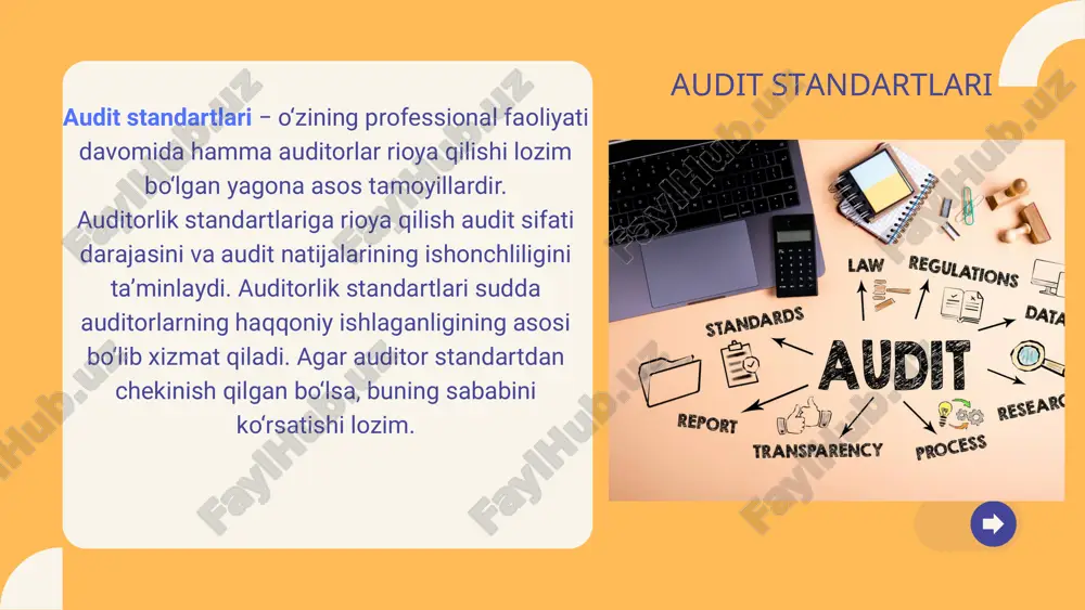hi shart (in all matters relating to the assignment an independence in mental attitude is to be maintained by the auditor or auditors). 3. majburiy malakaviy ziyraklik. tekshirishni o‘tkazishda va xulosani tayyorlashda auditordan professional ziyraklik talab etiladi. (due professional care is to be exercised in the performance of the examinition and the preparition of the report). 1. to‘g‘ri rejalashtirish va nazorat. ishni auditorlik tekshiruvi muvofiq holda rejalashtirilishi lozim, agarda auditorning yordamchilari mavjud bo‘lsa, ularning faoliyatini nazorat qilib borish lozim (the work is to be adequately planned and assistans, if any, are to be properly supervised). obyektlarning ish standartlari: 2. ichki nazorat tizimini tushunishning yetarliligi. auditor auditorlik tekshiruvining ko‘lami va unga sarflanadigan vaqtni to‘g‘ri belgilash maqsadida ichki nazorat tizimiga yetarlicha baho berishi shart (the auditor should obtain a sufficient understanding of the internal control structure to plan the audit and to determine the nature, timing, and extent of tests to be …