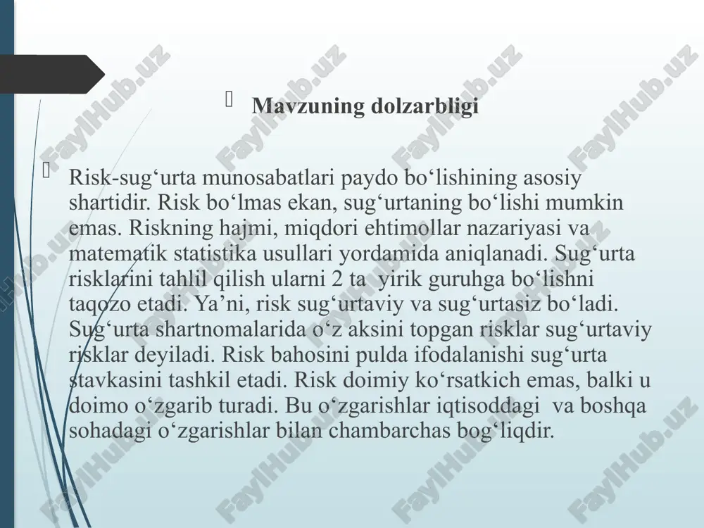 larni kiritish mumkin. atrof-muhitni ifloslanishi bilan bog‘liq risklar ekologiya risklarini tashkil etadi. siyosiy risklar bevosita hukumat tomonidan urush holatlarini e’lon qilinishi, harbiy harakatlar, fuqarolar g‘alayonlari, ish tashlashlar, davlat tuzumining o‘zgarishi, qonunchilik hujjatlarining o‘zgarishi natijasida zarar ko‘rishni anglatadi. siyosiy risklardan farqli ravishda tijorat risklari moliyaviy-xo‘jalik faoliyatni amalga oshirish jarayonida yuzaga kelishi mumkin bo‘lgan ziyon ko‘rish xavfini bildiradi. tijorat risklari mulkiy, ishlab chiqarish, savdo va moliviy risklarni o‘z ichiga oladi. mulkiy risklar deganda o‘g‘irlik, diversiya, sovuqqonlik va texnologik tizimlarning ishdan chiqishi natijasida vujudga keladigan risklar tushuniladi. risklarni ro‘y berishi natijasida asosiy va aylanma fondlarni nobud bo‘lishi va zararlanishi mumkin. bunday risklar ishlab chiqarish risklari deyiladi. moliyaviy risklar moliyaviy resurslarni yo‘qotish ehtimoli bilan bog‘liq risklarni o‘z ichiga oladi. bundan tashqari, boy berilgan foyda bilan bog‘liq risklar ham mavjud. riskni baholash uchun uni quyidagi turlarga bo‘lish mumkin: -sug‘urtalanishi mumkin bo‘lgan risklar; -sug‘urtalanishi mumkin bo‘lmagan risklar. riskning eng katta guruhini sug‘urtalanishi mumkin bo‘lgan risklar tashkil …