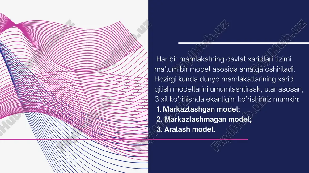 uman moliya bo’limi, har bir oliy ta‘lim muassasasi, har bir bank filiali o’zlari uchun zarur bo’lgan tovar(ish,xizmat)larni belgilangan qonunchilik talablari asosida o’zlari xarid qilishlari mumkin bo’ladi. - markazlashmagan modelda tovar(ish,xizmat)larga bo’lgan ehtiyoj bir muncha tezroq qondiriladi; - sotib olingan tovar(ish,xizmat)lar bo’yicha mas‘ullik bevosita shu buyurtmaching o’zida bo’ladi; - mavjud sharoit va imkoniyatdan kelib chiqib, o’z ehtiyojlariga mos tovar(ish,xizmat)larni sotib olish mumkin bo’ladi va h.k. xaridlarni markazlashmagan modelda amalga oshirishning ham afzalliklari mavjud. markazlashmagan holda xaridlarni amalga oshirilganda ba‘zan buyurtmachilarning vakillari shaxsiy manfaatlarini ko’zlab, nohalol shartnomalar tuzishlari, mablag’larni noqonuniy o’zlashtirish holatlari ham bo’lishi mumkin va h.k. 01 markazlashmagan modelda kam hajmda buyurtma berilishi bois sotib olinayotgan tovar(ish,xizmat)lar narxi ba‘zan qimmatga tushishi mumkin; har bir davlat buyurtmachiga mustaqil xarid qilishga ruxsat berilishi buyurtmaching tajribasizligi tufayli ba‘zan sifatsiz, kafolat muddati kam tovar(ish,xizmat)lar ham sotib olinishi mumkin; 02 03 markazlashmagan modelda xarid qilishning ham kamchiliklari mavjud. aralash modelda esa, xaridlarni davlat buyurtmachisi va ixtisoslashgan …