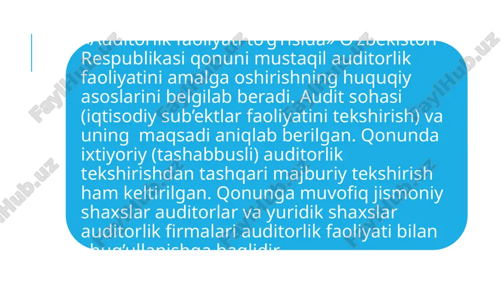 to’g’risida ariza (maxsus shaklga binoan) topshiradi: 1) to’ldirilgan anketa (maxsus shaklga binoan); 2) ma’lumot to’g’risidagi diplom yoki iqtisodiyot fanlari nomzodi (doktori) ilmiy darajasini olganlik to’g’risidagi diplomning hujjatni bergan muassasa tomonidan belgilangan tartibda tasdiqlangan yoki notarial tasdiqlangan ko’chirma nusxasi; 3) mehnat daftarchasidan notarial tasdiqlangan ko’chirma (o’rindoshlik bo’yicha mehnat staji mavjud bo’lgan taqdirda bu haqida mehnat daftarchasiga qayd qilingan holda); 4) ikkita fotosurat (3 x 4); 5) auditorlarni tayyorlash markazlarida maxsus ta’lim olinganligi to’g’risidagi hujjatning asl nusxasi 6) malaka sertifikatini berish uchun eng kam oylik ish haqining 1,5 baravari miqdorida yig’im to’langanligi to’g’risida guvohlik beruvchi bank to’lov hujjati. 9 imtihon bileti to’rt qismdan iborat, ularning har birida nazariy qism va quyidagi fanlar bo’yicha amaliy vazifa mavjud bo’ladi: 10 1qism. moliyaviy hisob. 2qism. boshqaruv hisobi, moliyaviy menejment va moliyaviy tahlil. 3qism. audit. 4qism. soliqqa tortish va tadbirkorlik faoliyatini huquqiy tartibga solish. 11 «auditorlik faoliyati to’g’risida»gi qonun asosiy qoa turlaridan davlat nazorati ustun turar …