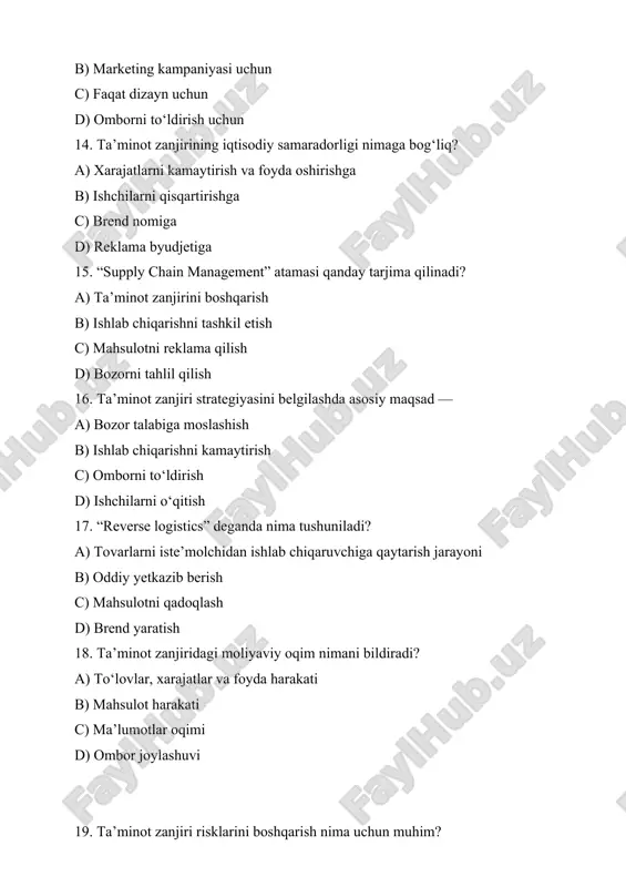 vazifasi — a) mahsulotni saqlash, joylashtirish va chiqimini boshqarish b) reklama kampaniyasi c) ishlab chiqarish d) bozorni o‘rganish 25. ta’minot zanjirida “yetkazib beruvchi tanlovi” jarayoni nimani bildiradi? a) ishonchli hamkorni tanlash b) ombor tanlash c) transport tanlash d) xaridor izlash 26. scm tizimlarining afzalligi — a) tezkor axborot almashinuvi b) qimmat narxlar c) zaxira orttirish d) tizimni sekinlashtirish 27. ta’minot zanjirida “tashqi integratsiya” deganda — a) tashqi hamkorlar bilan axborot almashinuvi b) ichki ishlab chiqarish c) ombor tizimi d) reklama 28. ta’minot zanjirida “koordinatsiya” deganda — a) ishtirokchilar harakatini muvofiqlashtirish b) mustaqil ishlash c) raqobatni kuchaytirish d) sifatni pasaytirish 29. ta’minot zanjirini shakllantirishda ekologik talablar qaysi omilga kiradi? a) barqaror rivojlanish omili b) foyda omili c) narx omili d) transport omili 30. ta’minot zanjirida raqamlashtirishning ahamiyati nimada? a) samaradorlik va tezkor axborot oqimini ta’minlaydi b) xarajatlarni oshiradi c) ishchilarni kamaytiradi d) omborni yo‘qotadic 1. a 2. c 3. b 4. …