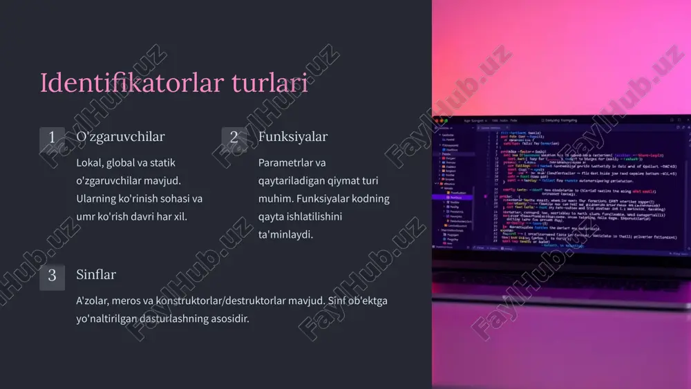 lokal, global va statik o'zgaruvchilar mavjud. ularning ko'rinish sohasi va umr ko'rish davri har xil. 2 funksiyalar parametrlar va qaytariladigan qiymat turi muhim. funksiyalar kodning qayta ishlatilishini ta'minlaydi. 3 sinflar a'zolar, meros va konstruktorlar/destruktorlar mavjud. sinf ob'ektga yo'naltirilgan dasturlashning asosidir. 12 xesh jadvali asosida amalga oshirish xesh funksiyasi identifikator nomini indeksga aylantirish vazifasi. yaxshi xesh funktsiyasi to'qnashuvlarni kamaytiradi. to'qnashuvlarni hal qilish alohida zanjirlash va ochiq manzillash usullari mavjud. har bir usulning o'z afzalliklari bor. `std::unordered_map` dan foydalanish xesh jadvalini amalga oshirish uchun qulay. xesh jadvalining afzalliklari va kamchiliklarini hisobga olish kerak. 13 c++ da identifikatorlar jadvalini qurishning rexeshlash usuli ushbu taqdimot c++ da identifikatorlar jadvalini qayta xeshlash usuli bilan qurishni ko'rib chiqadi. biz identifikatorlar jadvalining ahamiyatini va qayta xeshlashning asosiy g'oyasini muhokama qilamiz. taqdimotning maqsadlari va tuzilishi bilan tanishamiz. aa 14 identifikatorlar jadvali nima? ta'rif va tuzilishi identifikatorlar jadvali - bu dasturda ishlatiladigan identifikatorlar haqida ma'lumot saqlaydigan ma'lumotlar tuzilmasi. simvol …