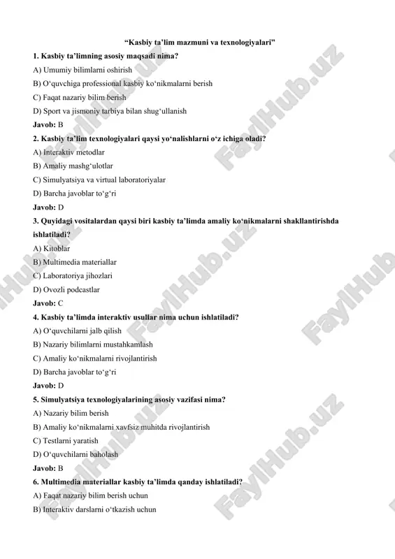 v darslarni o‘tkazish uchun c) faqat o‘quvchilarga uy vazifasi berish uchun d) sport mashg‘ulotlarida javob: b 7. laboratoriya mashg‘ulotlari o‘quvchilarga nimani beradi? a) faqat nazariy bilim b) amaliy ko‘nikmalar va tajriba c) o‘quvchilarni baholash d) onlayn darslarni tomosha qilish javob: b 8. kasbiy ta’limning samaradorligini oshirishda qaysi texnologiya muhim? a) animatsiya b) virtual laboratoriya c) interaktiv taqdimotlar d) barchasi javob: d 9. o‘quv jarayonini individuallashtirishga yordam beradigan texnologiya qaysi? a) simulyatsiya b) onlayn platformalar c) multimedia materiallar d) laboratoriya mashg‘ulotlari javob: b 10. amaliy mashg‘ulotlar nazariy bilimdan qanday farq qiladi? a) nazariy bilimga asoslangan b) faqat kitoblarda o‘rganiladi c) ishlab chiqarish yoki laboratoriya sharoitida o‘tkaziladi d) faqat test orqali baholanadi javob: c 11. kasbiy ta’limda “virtual laboratoriya” nimani ta’minlaydi? a) o‘quvchilarni interaktiv darsga jalb qiladi b) xavfsiz muhitda amaliy ko‘nikmalarni rivojlantiradi c) faqat nazariy bilim beradi d) o‘quvchilarni baholashni osonlashtiradi javob: b 12. simulyatsiya texnologiyalari qanday vazifani bajaradi? a) real …