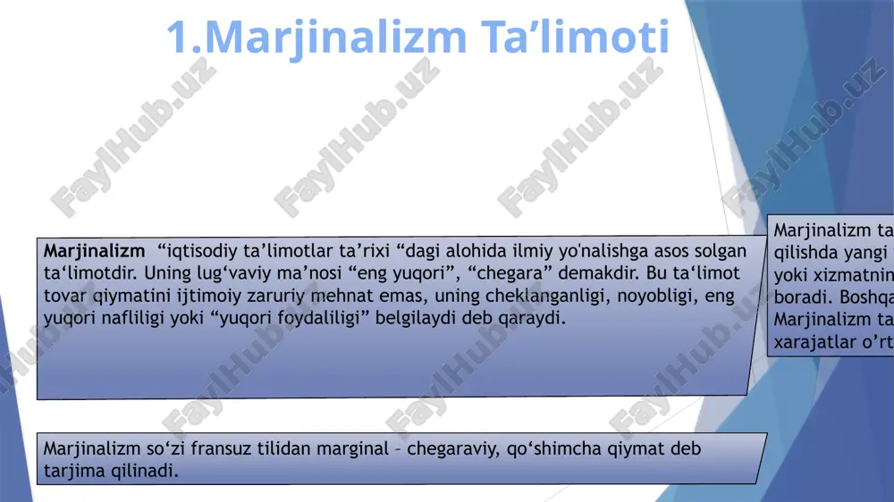 889), “jamoa xo‘jaligining nazariyasi” (1914) asarlari orqali birinchilardan bo‘lib “me’yoriy naflilik” iborasini ishlatdi. u, shuningdek, “tabiiy qimmatlik” tushunchani ham kiritib, tovar hajmi va jamiyat uchun naflilik munosabatlarining me’yoriy nafliligini o‘lchash lozimligini aytib o‘tadi. menger ketidan vizer ishlab chiqarish xarajatlarini subyektiv-psixologik yondashuv asosida tahlil qilib, ishlab chiqarish omillarini kelajakda yaratishi mumkin bo‘lgan iste’mol buyumning foydaliligini aniqlagan. u xarajalarning subyektiv nazariyasiga tayanib, ishlab chiqarish omillarini foydalanishda inson uchun zarur bo‘lgan iqtisodiy resurs jarayoni kechishini aytadi. raqobat sharoitida ishlab chiqarish omillari shunday taqsimlanadiki, u jamiyat uchun zarur bo‘lgan tovarni yarata oladi deb hisoblagan. fridrix fon vizer oygen fon byom-baverk menger shogirdi oygen fon byom-baverk (1851–1914) hisoblanadi. u ham marjinalizmga o‘z xissasini qo‘shgan. uning “xo‘jalik buyumlarining qimmatliligi nazariyasi asoslari” (1886) va “kapital va foiz” (1884–1889) asarlari mashhurdir. uning nazariyalari ichida qimmatlilik tamoyili va foizning psixologik nazariyasi jamiyatda o‘z o‘rniga ega. byom-baverk o‘zining qimmatlilik tamoyili orqali buyumning qimmati, foydaliligi va noyobliligini tahlil qilib, “me’yoriy foydalilik” …