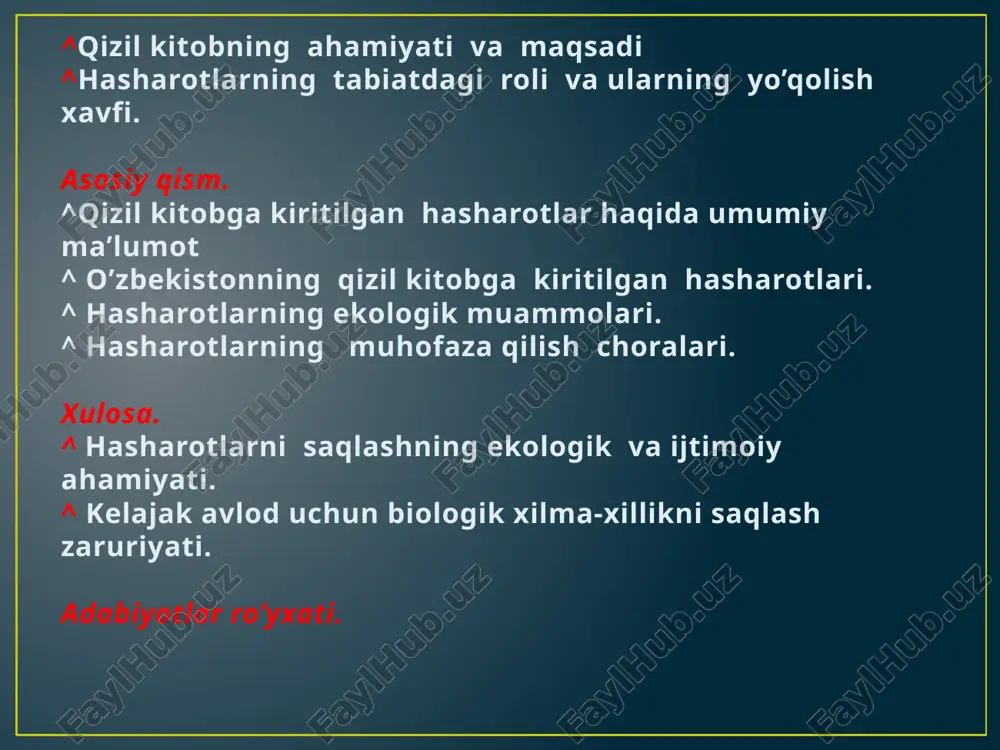 apatura iris turkmaniston va o’zbekiston o’rmonlarida uchhraydi. hasharotlarning ekologik muammolari ularning populyatsiyasiga salbiy ta'sir ko'rsatuvchi va butun ekotizimga zarar yetkazuvchi muammolarni o'z ichiga oladi. quyida asosiy ekologik muammolar keltirilgan: 1. yashash muhitining yo'q qilinishi o'rmonlarning kesilishi, quruq yerlardan foydalanish va urbanizatsiya hasharotlarning tabiiy yashash joylarini yo'q qiladi. bu ko'plab turlarni yo'qolish xavfiga olib keladi. misol: daraxtlarda yashovchi qo‘ng‘izlar va kapalaklar o‘rmonlarning yo‘q qilinishi tufayli soni kamaymoqda. 2. kimyoviy moddalar va zaharlar (pesticidlar) qishloq xo'jaligida ishlatiladigan pestitsidlar va gerbitsidlar foydali hasharotlarni ham yo'q qiladi. asosan changlatuvchi turlar, masalan, asalari va kapalaklarga zarar yetadi, bu esa oziq-ovqat xavfsizligiga tahdid soladi. 3. iqlim o‘zgarishi haroratning oshishi va iqlimning o'zgarishi hasharotlarning yashash hududlarining cheklanishiga olib kelmoqda. ko'plab turlar migratsiya qila olmaydi va o'z muhitlariga moslasha olmaydi. 4. biologik xilma-xillikning kamayishi hasharotlar ekotizimda oziq-ovqat zanjirining asosiy qismi hisoblanadi. ularning kamayishi boshqa hayvonlar (qushlar, sut emizuvchilar) populyatsiyasiga ham ta'sir qiladi. misol: hasharotlar bilan oziqlanuvchi qushlar sonining …