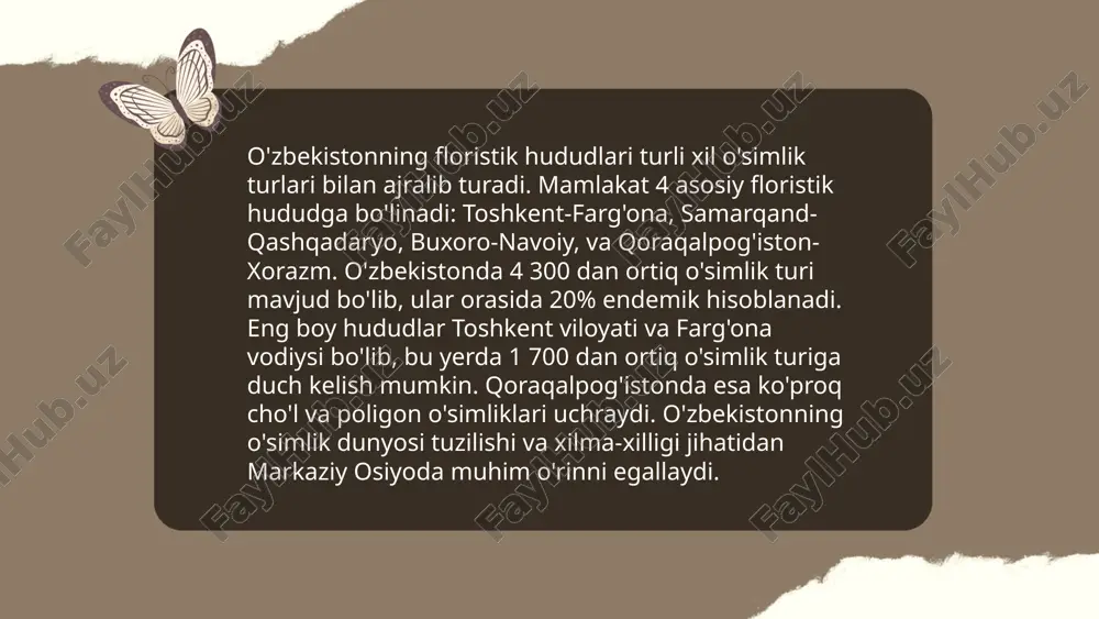 a'sir qiladi. suv miqdori yiliga 200-500 mm oralig'ida bo'lishi mumkin va bu o'simliklarning yashashi va ko'payishida muhim rol o'ynaydi. vodiylar yirik daryolar atrofida, masalan, amudaryo va sirdaryo, joylashgan. ... t.me/slaydai_bot yarim cho'llar yer yuzasining quruq, kam yog'ingarchilik hududlari bo'lib, gidrotermal rejim talab qiluvchi o'simliklar uchun qiyin muhit hisoblanadi. ushbu zonalarda yillik yog'ingarchilik miqdori odatda 250-500 mm atrofida bo'ladi. yarim cho'llarning o'simlik dunyosi sovuqqa va qurg'oqchilikka chidamli bo'lgan o'simliklardan tashkil topgan. odatda bu hududlarda doimiy emlangan, keng bargli butalar, shuningdek, ildiz tizimi chuqur bo'lgan ko'p yillik o'tlar uchraydi. tipik o'simliklar qatoriga saksovul, shuvoq, yulg'un va bug'doyiq kabi turlar kiradi. mazkur zonalar bioxilma-xilligi va ekologik barqarorlikni saqlash uchun muhimdir. ... t.me/slaydai_bot o'rmon-dasht zonasi o'zbekiston tabiiy geografik hududlaridan biri bo'lib, asosan mamlakatning g'arbiy va shimoliy qismlarini qamrab oladi. bu zona o'rmonlar va ochiq dashtlar bilan ajralib turadi. floraning turlari nisbatan xilma-xil bo'lib, jami o'simlik turlari soni 1200 ga yaqin. o'rmon-dasht zonasida yovvoyi bug'doy, …