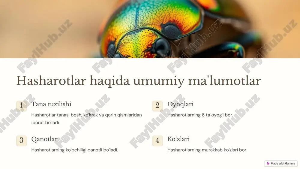 e-with-gamma qishloq xo'jaligiga yetkazadigan zararlar 1 hosildorlikning pasayishi zararli hasharotlar ekinlarga zarar yetishi natijasida hosil miqdori kamayadi. 2 sifatning pasayishi zararli hasharotlar ekinlarning sifati va ta'mini pasaytiradi. 3 qishloq xo'jaligi mahsulotlarining narxining oshishi zararli hasharotlarga qarshi kurash choralari qo'shimcha xarajatlarga olib keladi. https://gamma.app/?utm_source=made-with-gamma foydali hasharotlar: •foydali hasharotlar ekotizimda muhim rol o'ynaydi, ular o'simliklar va urug'larni tarqatib, qishloq xo'jaligida hosilni yaxshilashga yordam beradi. •ba'zi hasharotlar, masalan, arilar, gulchanglar va boshqa polinatsiyalovchilar, o'simliklarning mahsuldorligini oshiradi. •foydali hasharotlar tabiiy zararkunandalarga qarshi kurashadi va pestitsidlarning iste'molini kamaytiradi. zararli hasharotlar: •zararli hasharotlar o'simliklarni zararlab, dehqonchilikda katta yo'qotishlarga olib kelishi mumkin. •ba'zi hasharotlar, masalan, komarlar va bitlar, insonlarga kasalliklarni tarqatishi mumkin, bu esa sog'liq uchun tahdid tug'diradi. •zararli hasharotlar ekologik muvozanatni buzishi va boshqa hayvonlarga ta'sir ko'rsatishi mumkin. https://gamma.app/?utm_source=made-with-gamma xulosa va tavsiyalar foydali hasharotlar tabiiy ekotizimning barqarorligini ta'minlashda muhim rol o'ynaydi, zararli hasharotlar esa iqtisodiy va ekologik zarar yetkazishi mumkin. o'zaro muvozanatni saqlash uchun, tabiiy resurslardan …