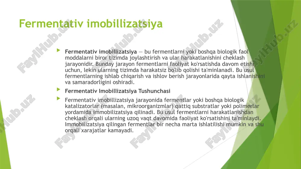 fermentlarga erishishi qiyinlashadi. 2. kimyoviy usullar kimyoviy usullarda fermentlar kovalent bog'lanish orqali immobilizatsiya qilinadi, bu esa ularning faoliyatini uzoq muddat davomida saqlashga yordam beradi. kimyoviy usullarni qo'llash orqali fermentlar bilan substratlar o'rtasida mustahkam bog'lanishlar hosil bo'ladi. a) kovalent bog'lanish tavsif: fermentlar, asosan, kimyoviy reaktsiyalar orqali substrat bilan kovalent bog'lanadi. bu usulda ferment va substrat o'rtasida mustahkam kimyoviy bog'lanishlar yuzaga keladi. afzalliklari: fermentlar substrat bilan mustahkam bog'lanadi, shuning uchun ularning aktivligi va ishlash muddati uzayadi. kamchiliklari: fermentlarning faolligi ba'zida kamayishi mumkin, chunki kovalent bog'lanishlar fermentning uch o'lchovli tuzilishiga ta'sir qilishi mumkin. b) ionli bog'lanish tavsif: fermentlar poliamin yoki boshqa ionli materiallar bilan ionli bog'lanish orqali immobilizatsiya qilinadi. bu usulda fermentlar polimerlar bilan jonli yoki o'zgarmas ionlar yordamida bog'lanadi. afzalliklari: bu usulda ko'proq fermentlar va substratlar o'rtasida samarali bog'lanishlar hosil bo'ladi. kamchiliklari: bu usulda fermentning faolligi ba'zan qisqaradi. 3. biologik usullar biologik usullarni qo'llashda, fermentlar yoki mikroorganizmlar tabiiy jarayonlar yordamida immobilizatsiya qilinadi. …