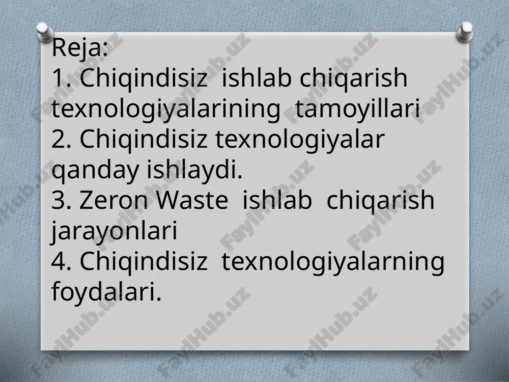 ir. ushbu texnologiyalarni rivojlantirish nafaqat iqtisodiy foyda keltiradi, balki ekologik barqarorlikni ta’minlashda ham muhim ahamiyatga ega. resurslardan samarali foydalanish va chiqindilarni qayta ishlash texnologiyalari sanoat tarmoqlarida keng joriy etilishi kerak. image3.jpeg image4.png image5.png image6.png image7.png /docprops/thumbnail.jpeg
