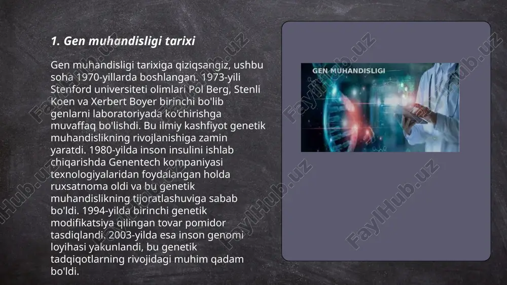 nda organizmning genetikaga aynan mos nusxasi yaratiladi. klonlashning eng mashhur misoli 1996-yilda yaratilgan dolly qo‘yidir. klonlash ikki asosiy turga bo‘linadi: terapevtik va reproduktiv klonlash. terapevtik klonlashda hujayralar muomala va davolash maqsadida klonlanadi, reproduktiv klonlash esa to‘liq organizm yaratishga qaratilgan. klonlangan hayvonlar orasida sigirlar, cho‘chqalar va mushuklar bor. klonlash texnologiyalari qo‘llanilganda genetik xilma-xillikning kamayishi xavfi mavjud. shu sababli, klonlash texnologiyalari bo‘yicha jahon miqyosida qattiq qoidalarga ehtiyoj mavjud. ... t.me/slaydai_bot 7. gen terapiyasi gen terapiyasi inson genomidagi nosoz genlarni tuzatish yoki almashtirish orqali kasalliklarni davolash usulidir. ilk bor 1990-yilda ada (adenozin dezaminaza) yetishmovchiligi bo'lgan bemorda muvaffaqiyatli sinovdan o'tkazilgan. bugungi kunda gen terapiyasi asosan irsiy kasalliklar, saraton va turli degenerativ kasalliklarni davolashda qo'llaniladi. 2012-yilda yevropada gen terapiyasi preparati glybera tasdiqlangan bo'lib, lipoprotein lipaza yetishmovchiligi uchun ishlatilgan. 2021-yildan keyin crispr-cas9 texnologiyasi keng o'rganilib, duch kelinayotgan kasalliklarda gen xatoliklarini tuzatish uchun foydalanilgan. fda tomonidan birinchi marta tasdiqlangan gen terapiyasi yescarta bo'lib, bu non-hodgkin limfomasini davolash …