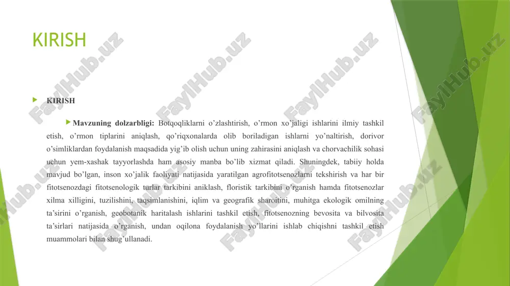 zlarning almashinish yoki suktsessiya, suktsession o'zgarishlar deb ataladi. suktsessiya so'zi lotincha succedo-kimning yoki nimaning orqasidan boraman degan ma'noni anglatadi. fitotsenozlardagi o'zgarishlar ya'ni mavsumiy va yillik(turli yillarda) o'zgarishlar fitotsenoz chegarasida ro'y beradi. suktsession o'zgarishning asosiy mazmuni bir fitotsenozning o'rini ikkinchi bir fitotsenoz egallashidir, ya'ni ularni rivojlanish hodisasi deb tushunish kerak. fitotsenozlar almashinishini o'rganishning amaliy ahamiyati juda kattadir. inson xo'jalik faoliyatida bevosita yoki bilvosita fitotsenozlar suktsessiyasiga duch keladi. qishloq xo'jaligi va o'rmon maydonlarining yomonlashish hodisalari suktsessiya natijasidir. xo'jalik faoliyati uchun foydali suktsessiyalar ham bo'ladi, bu inson aralashuvisiz kechadigan suktsessiyalardir: o'rmonda tuproq jinsining yaxshilanishi, tabiiy botqoqlashish, yaylovlarning o'z-o'zidan tiklanishi va hakozolar. inson o'simliklar qoplamini o'zining foydasiga yaxshilashga urinadi. natijada u fitotsenozlar almashinishiga sabab bo'ladi. 1.2. oʻsimliklar qoplami fitosenoz, biotsenoz va biogeotsenoz haqida. o’simliklar jamoasi deganda ma’lum bir hududda bir necha turga mansub o’simliklarning birgalikda yashashi va o’ziga xos manzara hosil qilishi tushiniladi. bunday guruhlar yashash joyiga qarab turli xil o’simliklar tipini (cho’l, adir, …