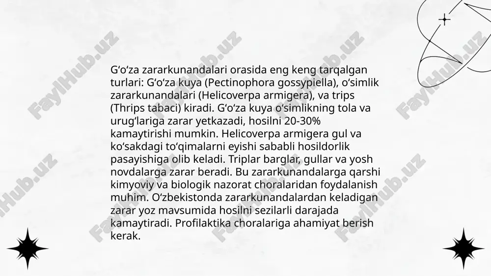 asosan barglarga, gul va mevalarga zarar yetkazadi, bu esa o'simliklarning o'sishini sekinlashtiradi va hosil sifatiga salbiy ta'sir koʻrsatadi. ular erta bahorda koʻpayishni boshlaydi, bir mavsumda bir necha avlod o'tadi. tripslardan himoyalanish uchun kimyoviy insektitsidlar yoki biologik nazorat usullari qoʻllaniladi. yer yuzida jami taxminan 6,000 tur trips mavjud bo'lib, oʻzbekistonda ayniqsa erta bahorda zararkunanda sifatida ahamiyat kasb etadi. ... t.me/slaydai_bot gʻoʻza chivinlari (delia platura) qishloq xoʻjaligida muhim zarar yetkazuvchi hasharotlardir. ular asosan gʻoʻza, soya, sabzavotlar va boshqa ekinlarga zarar yetkazadi. gʻoʻza chivinlari lichinkalari yer ostida yashab, urugʻ va oʻsimlik ildizlarini zarar yetkazadi, bu esa hosilni kamaytiradi. lichinkalari 5-7 mm uzunlikda bo‘lib, tuproqdagi o‘simlik qoldiqlari bilan oziqlanadi. gʻoʻza chivinlarining bir mavsumda bir necha avlodi rivojlanishi mumkin, bu esa ularning populyatsiyasini tez oshiradi. nazorat qilish uchun integratsiyalashgan zararkunanda boshqaruvi usullari talab qilinadi, jumladan, biopestitsidlar va madaniy almashlab ekish usullari muhim hisoblanadi. ... t.me/slaydai_bot zararkunandalarga qarshi biologik nazorat usullari tabiiy dushmanlardan foydalanib, zararkunandalar populyatsiyasini …
