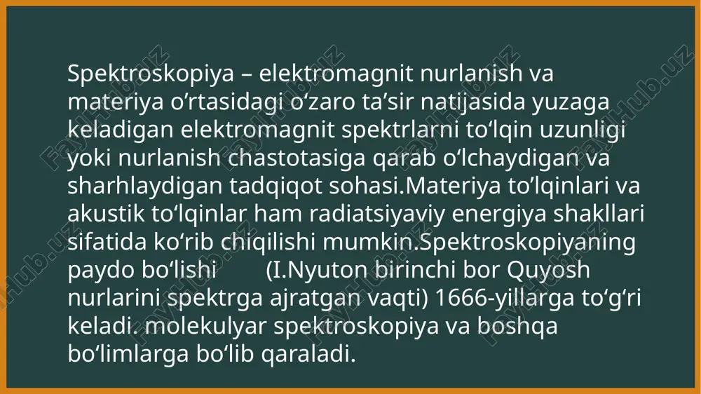 , tarkibi aniqlanadi — ayniqsa biokimyo va farmatsiyada muhim. 10. aksessuarlar •optik filtrlar – to‘lqin uzunliklarini cheklash uchun. •chuqur vakuum kameralar – uv yoki rentgen spektroskopiyasida. •kriostatlar – juda past haroratda o‘lchovlar uchun. •qizdirgichlar – yuqori haroratli tahlillar uchun. e’tiboringiz uchun rahmat. image1.jpeg