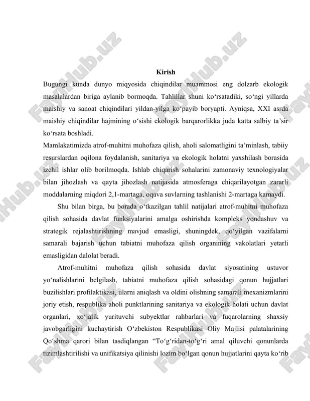 i yoʻlga qoʻyish, xorijiy investitsiyalarga yoʻl ochish, ishlab chiqarishni modernizatsiya qilish hisobiga zamonaviy texnologiyalarni joriy etishning huquqiy asoslarini mustahkamlash maqsadga muvofiqdir. — mamlakatimizda atrof-muhitni muhofaza qilish, aholi salomatligini himoyalash, tabiiy resurslardan oqilona foydalanish va ekologik xavfsizlikni taʼminlashga yoʻnaltirilgan islohotlar yana-da izchil davom etishi, chiqindilar boʻyicha muammolarni hal etishda amalga oshiriladigan ishlarning huquqiy asoslari mustahkamlanishi fraksiyamiz elektorati manfaati nuqtayi nazaridan muhim ahamiyatga egadir, – deydi oliy majlis qonunchilik palatasi spikeri oʻrinbosari, ekologik partiyasi fraksiyasi rahbari b.alixonov. – hozirda mazkur qonun loyihasini yana-da takomillashtirish ishlari olib borilmoqda. chiqindilarni boshqarish ekologiya, atrof-muhitni muhofaza qilish va tabiatdan foydalanish sohasidagi faoliyatni belgilab beruvchi 30 ga yaqin qonunlar va 200 dan ortiq qonunosti me’yoriy hujjatlar qabul qilindi. shuning bilan bir qatorda hozirda jamiyatimizning rivojlanishi bilan bog`liq bo’lgan ekologik muammolardan biri chiqindilar mauammosi bo’lib, bugungi kunda chiqindilar atrof-muhitni ifloslantirishi natijasida atrof muhitga, fuqarolar hayoti va sog`lig`iga, shuningdek, jismoniy va yuridik shaxslarning mulklariga xavf tug`dirmoqda. bunday sharoitda, hosil …