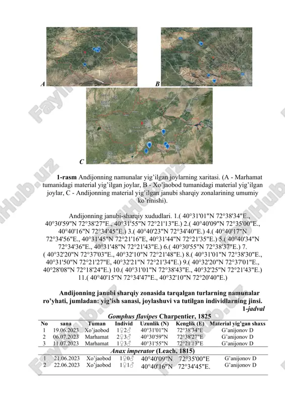 tushadi [12]. tadqiqotlar uchun materiallar xo’jaobod tumanining oq laylak baliqchilik xo’jaligi, karnaychi qishlog’ida joylashgan sport sog’lomlashtirish lageri, imom ota ziyoratgohi atrofidagi suv havzalari, imom ota tog’i orasidagi ko’llar, marhamat tumanida boboxuroson, ulyuz, tosh yo’li, baxoriston qishlog’i yaqinidagi ariq zovurlarda, oq to’nlik ota ziyoratgohi yaqinidagi fermer xo’jaligi yaqinidagi zovurlardan yig’ildi. materiallar yig’ish 2022-2023 yilning (iyun oyining ikkinchi yarmidan boshlab) yoz-kuz fasllarida olib borildi. xo’jaobod va marhamat tumanida tarqalgan ninachi turlarini faunasi va tarqalishini o’rganish maqsadida biomateriallarni yig’ishda ekspeditsion marshrut (dedyuxin uslubi) dan foydalanildi [13]. jarayonni qayd etish uchun dala kundaligi, tadqiqot o’tkazilgan joy ma’lumotlarini olish uchun gps navigatordan foydalanildi. tadqiqotlarda na’munalarni (entomologik tutqich yordamida) yig’ish, suv havzalari bo’ylari, zovurlar, ko’l, ariqlar va ekin maydonlarida olib borildi. ninachi turlarini taksonomik tarkibini tahlil qilishda xaritonov (1977) ning aniqlagichlaridan, shu jumladan soxaga oid ilmiy adabiyotlaridan, hamda ularni sistematik nuqtai nazardan tahlil qilishda s.n.borisovning (strekozi (insecta, odonata) credney azii i ix adaptivnie strategii) dissertatsiyasidan hamda …