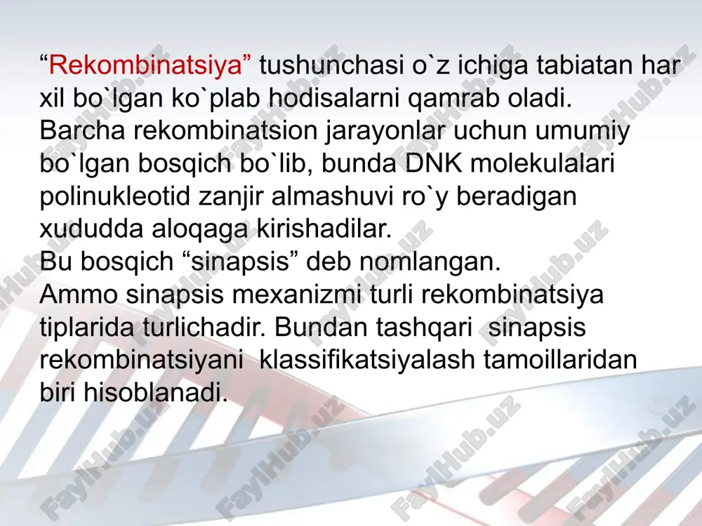konformatsiyalarni olishi mumkin. struktura 1964 yilda uning mavjudligini taklif qilgan ingliz molekulyar biologi robin xollidey sharafiga nomlangan. 10 xollidey poluxiazmasining elektron-mikroskopik fotografiyasi. holliday yoki hemixiasmus tuzilishi - turli ota-ona dnk zanjirlariga mansub bir ipli hududlar o'rtasida to'ldiruvchi juftlik sodir bo'ladigan oraliq birikma. geterodupleks hududlar hosil bo'ladi. hemixiasma dnk zanjiri bo'ylab harakatlanishi mumkin. hemichiasmata tasvirlari elektron mikroskop yordamida olingan. 12 rekombinatsiya fermentlari recbcd nukleazasi3 ta kichik birlikdan iborat (recb,recc varecd), ikki ipli dnkning oxiri bilan bog'lanadi va uni "ochadi" recbcd bir va ikki zanjirli dnkni gidrolizlashi mumkin, shuningdek, spiral faollikka ega: recd 5' ipda joylashgan tez spiraldir va recb helikaz sekinroq va 3' ipda joylashgan. ga dnk bo'ylab harakatlanadibilansalom-sayt -maxsus 8-nukleotid ketma-ketligi (5'-gctggtgg-3'), uzilishlar 3'-zanjir bir zanjirli dnk hosil bo'ladi (d- halqa) tavsiyaafilament hosil qiladi,ssb- oqsilbir ipli dnkni to'g'rilaydi d-halqa e. coli endonukleazalaridan biri tomonidan kesiladi, natijada holliday hemixiasmus paydo bo'ladi. recbcdo'chiradi 5'-oxiri dnk polimeraza va dnk ligazabo'shliqlar va bo'shliqlarni to'ldirish. …