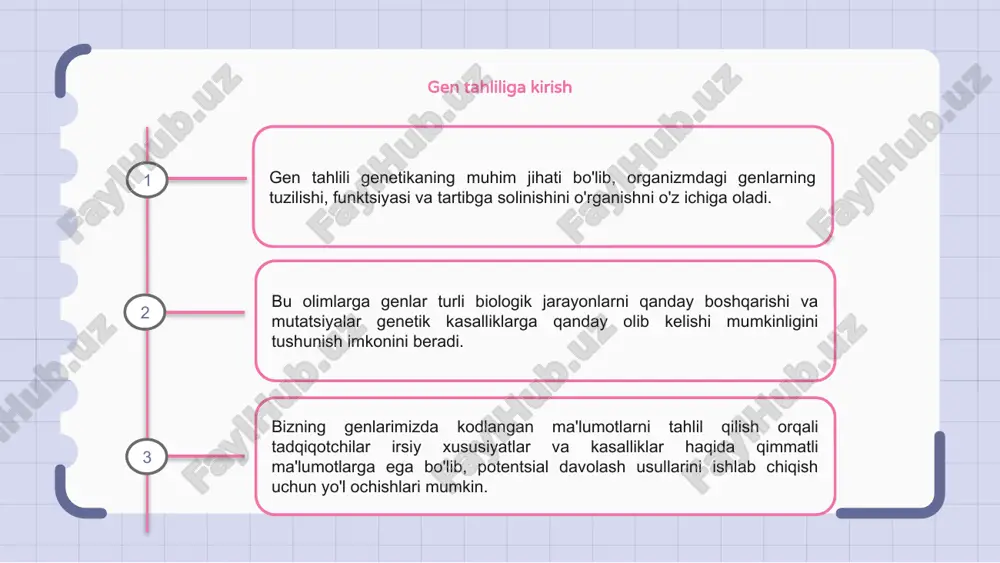tirilgan yondashuv biz bilgan sog'liqni saqlashni o'zgartirish uchun mo'ljallangan. yana bir hayajonli ishlanma - bu gen tahlilida sun'iy intellekt va mashinani o'rganishdan foydalanish, jarayonni tezlashtirish va yangi tushunchalarni ochish. gen tahlilining kelajagi yorqin va imkoniyatlarga to'la. 1 2 3 gen tahlilida axloqiy mulohazalar genetikada gen tahlili irsiy kasalliklarni tushunish va potentsial davolash usullarini ochishda hal qiluvchi rol o'ynaydi. biroq, bemorning shaxsiy hayoti va roziligini ta'minlash uchun axloqiy mulohazalar ustuvor bo'lishi kerak. texnologiyaning rivojlanishi bilan gen tahlili kamsitish va shaxsiy hayotning buzilishi haqida tashvish uyg'otadi. nozik genetik ma'lumotlarni himoya qilish va noto'g'ri foydalanishning oldini olish uchun qoidalar zarur. gen tahlilining afzalliklarini axloqiy tamoyillar bilan muvozanatlash genetika sohasida muhim ahamiyatga ega. manfaatdor tomonlar tadqiqot va klinik amaliyotda ko'rsatmalar yaratish va axloqiy dilemmalarni hal qilish uchun hamkorlik qilishlari kerak. gen tahlilidagi misollar genetika sohasida gen tahlili irsiy xususiyatlar va kasalliklarni tushunishda hal qiluvchi rol o'ynaydi. jismoniy shaxslarning dnk ketma-ketligini o'rganish orqali tadqiqotchilar o'ziga …