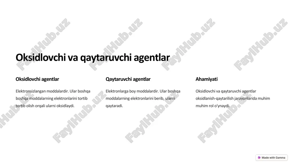 osa va tavsiyalar xulosa biologik oksidlanish - tirik organizmlarning hayotiy faoliyati uchun muhim jarayon bo'lib, u energiya va moddalar almashinuvida asosiy rol o'ynaydi. tavsiyalar sog'liq uchun oksidlanish-qaytarilish jarayonlarini muvozanatlab turish, me'yorda oziqlanish va jismoniy faollikni oshirish tavsiya etiladi. https://gamma.app/?utm_source=made-with-gamma