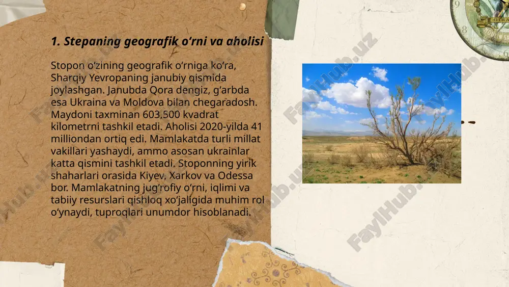 viy tibbiyotda ishlatiladi. bu oʻsimliklar inson organizmi uchun zarur boʻlgan turli xastaliklarga qarshi vosita sifatida qadrlanadi. oʻzbekistonda dorivor oʻsimliklarni muhofaza qilish va ulardan oqilona foydalanish muhimdir, chunki mamlakat iqlimi va geologiyasi ularga boydir. ... t.me/slaydai_bot 7. stepaning ozuqa zanjirlari va oʻsimliklarning roli oʻsimliklar ozuqa zanjirlarida asosiy rol oʻynaydi. ular fotosintez jarayonida quyosh nuridan foydalangan holda karbonat angidrid va suvni organik moddalarga aylantiradi. bu jarayonda kislorod chiqarib, atmosferani boyitadi. oʻsimliklar birlamchi ishlab chiqaruvchilar sifatida mavjudotlar oziqlanish zanjirining boshi hisoblanadi. hayvonlar, jumladan oʻt oʻsimliklar bilan oziqlanadiganlar, oʻsimliklardan ozuqa oladi. oʻsimliklar biomassa hosil qilishi ular yashayotgan ekotizimning barqarorligi va oʻsimliklar orqali yetkazib beriladigan energiya hajmiga ta'sir qiladi. ular tuproqning toʻqimalarini saqlashga va suv aylanishiga yordam beradi. shunday qilib, oʻsimliklar nafaqat oziqa, balki hayotni qoʻllab-quvvatlashda ham muhim ahamiyatga ega. ... t.me/slaydai_bot 8. mahalliy dasht oʻsimliklarining konservatsiyasi muhim masala hisoblanadi. oʻzbekiston hududida taxminan 4,500-5,000 oʻsimlik turi mavjud boʻlib, shundan 15% endemik hisoblanadi. dasht oʻsimliklari ekotizim …
