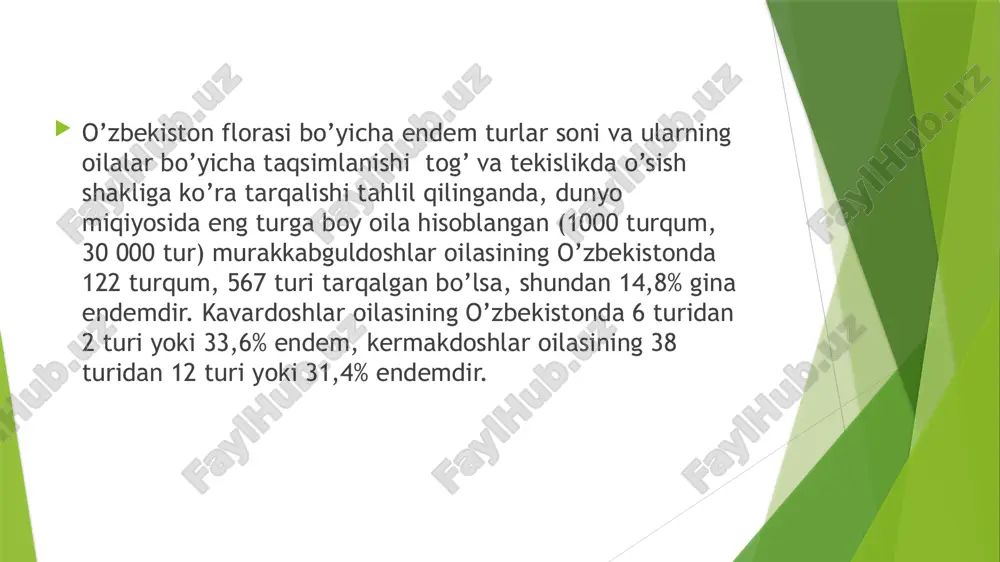 tda yashovchi oilalarga mansub o’simlik turlari kirtilmagan. bularga: g’ijjakdoshlar, zosteradoshlar, nayadadoshlar, suvyaproqdoshlar, plinadoshlar, shoxbargdoshlar, xalorragidadoshlar, xipperidadoshlar, lentibilaridoshlar, qo’g’adoshlar, sparganiumdoshlar, qirqbargdoshlar, suvpiyozdoshlar, bulduruqdoshlar, yakandoshlar kirdi. shunisi qiziqki, geografik tarqalishi jihatdan o’ziga xos bo’lgan ayrim oilalarda o’zbekiston uchun endem turlar mo’tlaqo yo’q. bularga tuyatobondoshlar, rezedadoshlar, pistadoshlar va boshqa buxoro molusellasi dunyo bo‘yicha faqatgina surxondaryo viloyatining boysun tumani hududida o‘sadi. yarim asr davomida tur populyatsiyasi 79 foizga qisqarib ketdi. bugungi kunda ushbu kamyob turning tabiatdagi umumiy soni 600 ga ham yetmaydi. olimlarning ta’kidlashicha, tur populyatsiyasining qisqarib ketishida kuchli antropogen ta’sir va ekologiyaning keskin o‘zgarib borayotganligi sabab bo‘lmoqda. yuksak sporali o’simliklar, ochiq urug’lilar orasida ham endem turlar (qirqquloqdoshlar, salviniyadoshlar, marsoliadoshlar, ofnoglossumdoshlar, qarag’aydoshlar, sarvdoshlar, qizilchadoshlar oilalari) yo’q. shuningdek, sho’rxok muhitda o’suvchi (galofil) oilalar turlari orasida ham endem turlar uchramaydi. bular uchchanoqdoshlar, yulg’undoshlar oilalaridir. nihoyat, begona o’simlik turlariga boy bo’lgan, madaniy o’simliklarga bog’liq bo’lgan va madaniy o’simliklarga ega bo’lgan oilalarda ham endemik turlar (gultojixo’rozdoshlar, semizo’tdoshlar, gulxayridoshlar, …