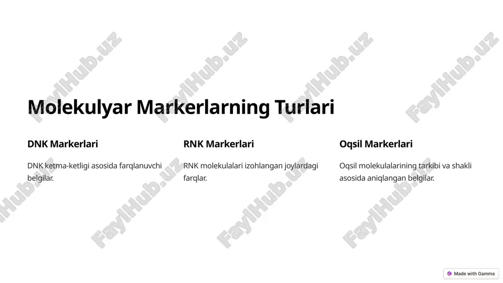 rmerlar, ekologlar, va tibbiyot sohasidagi mutaxassislar uchun yangi imkoniyatlar yaratmoqda. genomika va molekulyar markerlar sohasidagi kelajakdagi rivojlanishlar, tabiatning o'ziga xos xususiyatlarini aniqlash, ko'proq barqaror va samarali navlarni yaratish, hamda inson salomatligini saqlashda yangi yondashuvlarni kashf etish imkoniyatlarini oshirmoqda. image1.png image2.png image3.png image4.png image5.png image6.png image7.png image8.png image9.png image10.png image11.png image12.png image13.png image14.png image15.png image16.png image17.png image18.jpeg