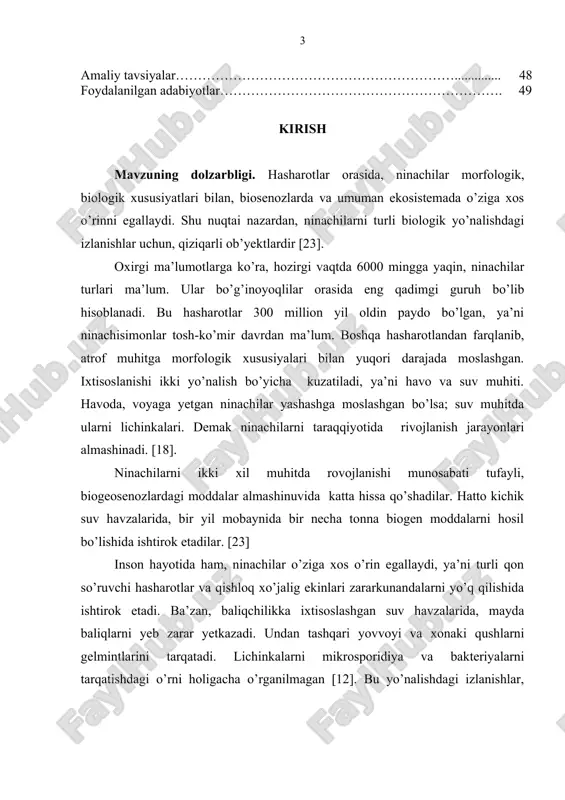 tarqatadi. lichinkalarni mikrosporidiya va bakteriyalarni tarqatishdagi o’rni holigacha o’rganilmagan [12]. bu yo’nalishdagi izlanishlar, dolbzarb deb tushunish kerak, chunki ba’zi bir ninachi turlari uzoq masofalarga uchib ketishi mumkin. ninachilarni turli suv havzalardagi; tarkibi, miqdori, dominant turlarni vizual xolatta baxolash mumkin. ninachilarni yoriklikka uchishi, ularni areallari, biosenozlardagi o’rni, jamolarni shakillanish masalalari xaligacha to’la o’rganilmagan. xususan ninachilarni uzbekiston xududlarida deyarli o’rganilmagan. shunga muvofik xozirgi kunda kup mutaxasislar ninachilar bilan qiziqayapti. tadqiqotni maqsadi va vazifasi. maqsad zarafshon vohasidagi odonatofauna tarkibini o’rganish; bor malumotni umumlashtirish; tarqalish qonuniyatlarini aniqlash va ularga antropogen omillarni tasirini o’rganish; maqsadga asoslangan holda quyidagi vazifalar bajarildi. 1. zarafshon vohasidagi odonatofaunani o’rganish. 2. ninachilar hayotiy siklini aniqlash. 3. mavsum va sutka jarayonida miqdoriy o’zgarishlarni kuzatish. 4. antropogen fakotrni, ninachilar tarkibida tasirini o’rganish. tadqiqot natijalarning ilmiy va amaliy ahamiyati. ilmiy ishda, ko’p yillardan so’ng samarqand viloyati agrosenoz va biosenozlarda ninachilar faunasi qaytatdan o’rganildi, taxlil qilindi, adabiyotlarga bo’lgan ninachilar tur ro’yxati to’ldirildi. tadqiqot natijasida …