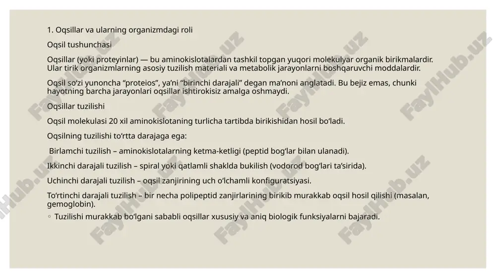 esa amin guruhi butunlay ajralib chiqib, ammiak (nh₃) hosil qiladi. bu jarayonlar jigarda kechadi va ammiak keyinchalik mochevina (urea) shaklida zararsizlantiriladi. 3. uglerod skeletining oksidlanishi aminokislotadan amin guruhi ajralib ketgach, qolgan uglerod skeleti (karbon qismi) piruvat, atsetil-koa yoki krebs sikli oraliq mahsulotlariga aylanadi. shundan so‘ng ular oksidlanish yo‘li bilan parchalanib, co₂, h₂o va energiyaga (atp) aylanadi. shu tariqa oqsilning parchalanishidan ham energiyaning bir qismi olinadi (1 g oqsildan ≈ 17,6kj). 3. aminokislotalarning dezaminlanish jarayoni. dezaminlanish tushunchasi dezaminlanish — bu aminokislotaning tarkibidagi amin guruhi (-nh₂) ning ajralish jarayoni bo‘lib, natijada ammiak (nh₃) va uglerod skeleti hosil bo‘ladi. bu jarayon oqsil katabolizmining asosiy bosqichlaridan biridir. dezaminlanishning asosiy maqsadi — azotni ajratib chiqarish va aminokislotalarni energiya manbai sifatida ishlatish imkonini yaratishdir. dezaminlanish jarayoni qayerda sodir bo‘ladi dezaminlanish asosan: jigar hujayralarida (hepatotsitlarda), qisman buyrak va mushak to‘qimalarida kechadi. jigar bu jarayonda markaziy rol o‘ynaydi, chunki u ammiakni mochevinaga aylantirib zararsizlantiradi. xulosa aminokislotalarning dezaminlanishi — …