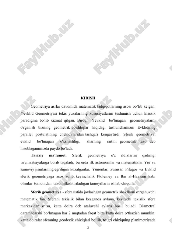k” + metron “o’lchov”.,= uchburchaklarni o’lchash] sferik geometriyaning uchburchak tomonlari va burchaklari orasidagi munosabatlarni, trigonometrik funksiyalar xossalarini o’rganuvchi bo’limidir. sferik trigonometriya ko’p asrlardan buyon rivojlanib, ravnaq topib kelmoqda. uning kundalik hayotimizdagi ahamiyati ulkan va davomlidir. sferik trigonometriya bilan yassi (tekislik) trigonometriya o’rtasida farq mavjud, ya’ni biz maktab kursida o’rgangan trigonometriya sferik trigonometriyaning hususiy holi hisoblanadi. aslini olganda biz uchun odatiy bo’lib ko’ringan yerdagi tekislik ham sfera sirtida ekanligiga ko’p ham e’tibor beravermaymiz. bunga keyinroq batafsil to’xtalib o’tamiz. sferik trigonometriyani o’rganish o’ziga xos tarixga ega va asosiy ikkita muhim burilish mavjud. birinchidan, astronomiya fani sferik trigonometriyani o’rganishga turtki bergan bo’lsa, so’ngra greklar tomonidan bu yanada rivojlantirildi. sfera haqida matematik kashfiyotlar ii asrlarda qilingan degan taxminlar bor, lekin bunga yetarlicha dalillar yo’q. sferik trigonometriyani o’rganishning ikkinchi bosqichi esa islom dinining dunyo bo’ylab yoyilishi va so’ngra makka shahrining qaysi tomonda degan oddiy savolga javob topish davomida vujudga kelgan. bu fanni rivojlanishiga esa bir …