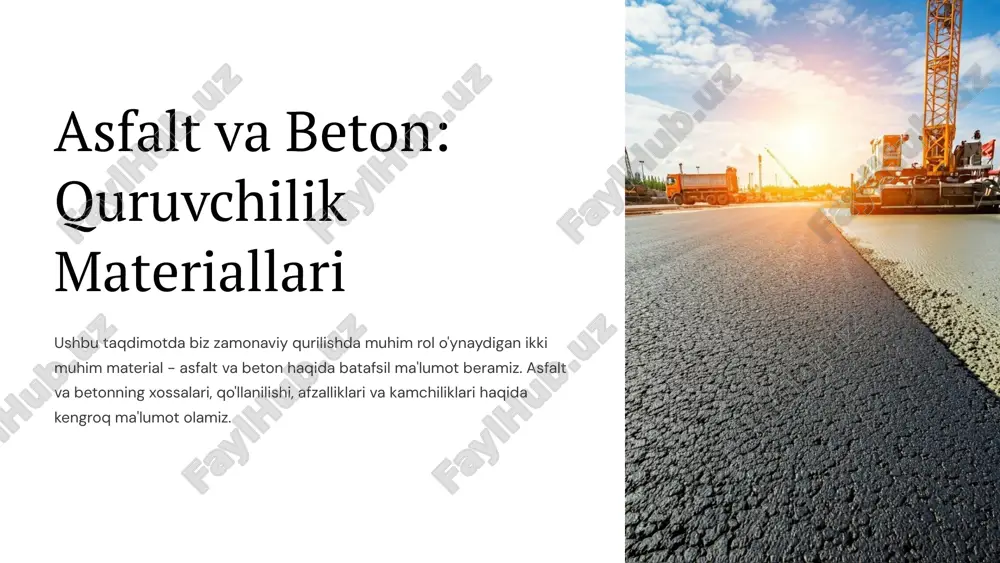 eriallarining sertifikatlarini tekshirish va sifatni tasdiqlash kerak. 10 asfalt va beton materiallari iqtisodiy jihatdan tahlili 1 xarajatlar asfalt va betonning narxi turli omillarga bog'liq, shu jumladan materiallar narxi, ish haqi, transport xarajatlari va boshqalar. 2 samaradorlik asfalt va betonning samaradorligi ularning chidamliligi, xizmat muddati va ta'mirlash xarajatlari bilan belgilanadi. 3 iqtisodiy ta'siri asfalt va beton qurilish sanoati uchun muhim iqtisodiy ta'sirga ega. ular ish o'rinlari yaratishga, iqtisodiy o'sishga va mamlakatning infratuzilmasini rivojlantirishga hissa qo'shadi. 11 xulosa va takliflar asfalt va beton - bu qurilishda keng qo'llaniladigan muhim materiallardir. ularning afzalliklari va kamchiliklari mavjud. loyiha talablariga qarab, asfalt yoki betonni tanlash kerak. sifat nazorati muhim ahamiyatga ega. 12 image1.png image2.jpg image3.jpg image4.png image5.png image6.png image7.png image8.png image9.png image10.png image11.png image12.png image13.png image14.png image15.png image16.png image17.png image18.png image19.png image20.png