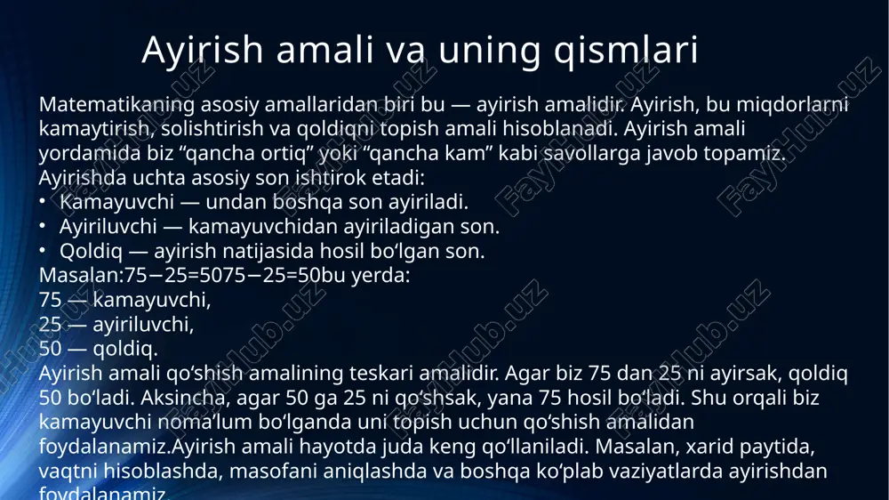 masalan, “do‘kondan 25 ta olma sotildi, dastlab nechta olma bor edi?” kabi savollar orqali amaliy hayot bilan bog‘lanadi. natijada, o‘quvchi matematika fanini nafaqat hisoblash, balki fikrlash vositasi sifatida ko‘rishni o‘rganadi. shu boisdan, noma’lum kamayuvchini topish mavzusi nafaqat arifmetik amallarni o‘rgatadi, balki ijodiy fikrlash, mantiqiy tahlil va aniq xulosa chiqarish ko‘nikmalarini ham rivojlantiradi. xulosa: noma’lum kamayuvchini topish — bu arifmetik amallarning teskari bog‘lanishini tushunishga yordam beruvchi muhim mavzu. ushbu bilim bolalarga matematik mantiqni, sonlar orasidagi munosabatni anglashni o‘rgatadi. asosiy qoida: noma’lum kamayuvchini topish uchun ayiriluvchi bilan qoldiqni qo‘shish kerak. kamayuvchi=ayiriluvchi+qoldiqkamayuvchi = ayiriluvchi + qoldiqkamayuvchi=ayiriluvchi+qoldiq bu qoida yordamida o‘quvchilar murakkabroq misollarni ham oson yecha oladi. shuningdek, bu mavzu teskari amallarni tushunishga, sonlar orasidagi bog‘lanishni mantiqan anglashga xizmat qiladi. internet, texnologiya va zamonaviy dasturlar yordamida bu mavzuni interaktiv tarzda o‘qitish ham o‘quvchilarda qiziqish uyg‘otadi. shunday qilib, noma’lum kamayuvchini topish nafaqat arifmetik ko‘nikma, balki mantiqiy fikrlashni ham rivojlantiradi. image2.jpg image5.png image6.png image1.jpg /docprops/thumbnail.jpeg