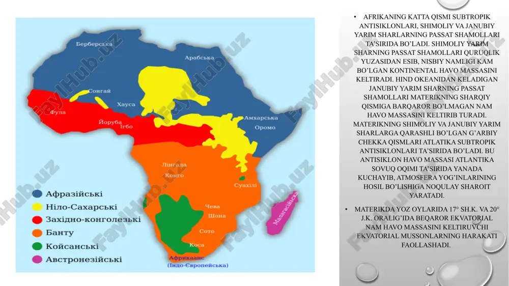 landlik oshgani sayin harorat pasayadi. masalan, afrika tog'lari (kilimanjaro, atlas tog'lari) yuqori balandlikda joylashgan bo'lib, ularning iqlimi pastdagi hududlardan farq qiladi. - tog'lar va pastliklar: tog'lar havo oqimlarini to'sib qo'yishi va yog'ingarchilikni oshirishi mumkin, bu esa iqlimni o'zgartiradi. masalan, tog'lar orqasida joylashgan pastliklar ko'pincha quruq iqlimga ega bo'ladi. 3. okean va dengiz oqimlari afrika atrofidagi okean va dengiz oqimlari iqlimga ta'sir qiladi: - gumbaz oqimlari: atlantika okeanidagi gumbaz oqimi (gulf stream) va hind okeanidagi oqimlar afrika qit'asining iqlimiga ta'sir ko'rsatadi. bu oqimlar haroratni va namlikni o'zgartiradi. - yog'ingarchilik: okean oqimlari iqlim sharoitlarini belgilaydi, masalan, issiq oqimlar yog'ingarchilikni oshirishi mumkin. 4. havo massalari afrika materigi turli havo massalarining ta'sirida bo'ladi: - tropik havo massalari: tropik havo massalari issiq va nam havo olib keladi, bu esa ekvatorial hududlarda yog'ingarchilikni oshiradi. - quruq havo massalari: sahro kabi quruq hududlarda quruq havo massalari hukm suradi, bu esa quruq va issiq iqlimni ta'minlaydi. 5. iqlim …