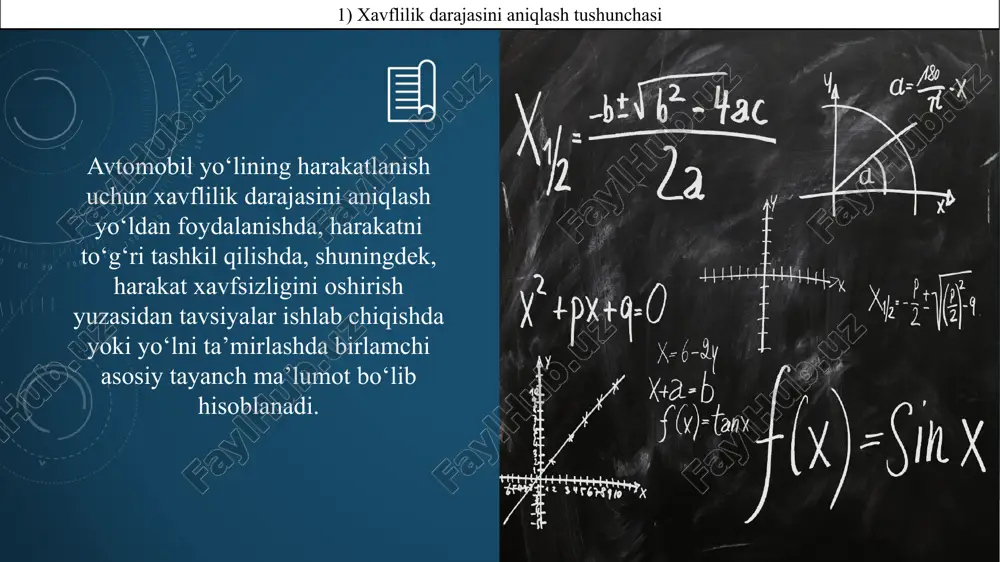 lidagi xavfli joylar darajasini aniqlashda qo‘shimcha halokatlilik koeffisiyentini hisobga olish kerak. k21 – harakat oqimi tarkibida necha foiz traktor borligini hisobga oluvchi halokatlilik koeffisiyenti (2-jadval). (2-jadval) oqim tarkibidagi traktorlar % harakat miqdori avt/sutka 500 1000 2000 3000 4000 5000 k21 0-5 1,1 1.1 1,2 1,2 1,25 1,25 5-10 1,2 1,4 1,5 1,55 1,6 1,6 10-20 1,5 1,6 1,8 1,9 2,0 2,0 2) xavflilikni aniqlash turlari va usullari harakatlanish uchun xavfli yo‘l bo‘laklarini aniqlashda statistik va ziddiyatli vaziyat usuli. avtomobil yo‘lining xavfli bo‘lagini aniqlashda tezkor usullardan biri ythning statistika ma’lumotlaridan keng foydalaniladi. buning uchun quyida keltiriladigan mezonlardan foydalanish tavsiya etiladi. 1) mahsulot sifati haqida tushuncha 2) xavflilikni aniqlash turlari va usullari biror bir yo‘l bo‘lagida (300 metrgacha) hisobot davrida (5 yilgacha) 3 ta va undan ko‘p yth qayd qilinsa, unda bunday yo‘l bo‘lagi statistika ma’lumotiga ko‘ra xavfli hisoblanadi. ythning minimal soniga va yo‘l bo‘lagining uzunligiga asoslanib, ythning ko‘p yillik ma’lumotlarini tahlil …