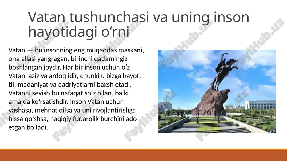 lan emas, balki amalda isbotlanadigan buyuk fazilatdir. har bir fuqaro o‘z yurti qadriyatlarini, urf-odatlarini va tilini hurmat qilishi zarur. ota-bobolarimizdan meros qolgan madaniyatni asrash va uni yosh avlodga yetkazish ham vatanparvarlikning bir ko‘rinishidir. vatanga sadoqatli inson hech qachon begona g‘oyalarga berilmaydi, u o‘z xalqining manfaatini himoya qiladi. milliy qadriyatlar — bu xalqning ruhi va g‘ururi. shuning uchun har bir fuqaro milliy qadriyatlarni qadrlasa, vatan yanada mustahkam va barqaror bo‘ladi. vatanga muhabbat har bir insonning yuragida chuqur ildiz otgan tuyg‘udir. o‘z yurti, tili, bayrog‘i va xalqini sevgan inson chinakam vatanparvar hisoblanadi. vatanga muhabbat faqat so‘z bilan emas, balki amalda ko‘rsatiladi — mehnat qilish, o‘qish, jamiyatda foydali bo‘lish orqali. har bir fuqaro o‘zining kichik ishlari bilan ham mamlakat ravnaqiga hissa qo‘sha oladi. shuning uchun har birimiz o‘z yurti uchun g‘urur bilan yashashimiz, uni yanada obod qilish yo‘lida harakat qilishimiz lozim. har bir inson o‘z yurti uchun mas’ul ekanini anglab yashasa, jamiyat mustahkam …