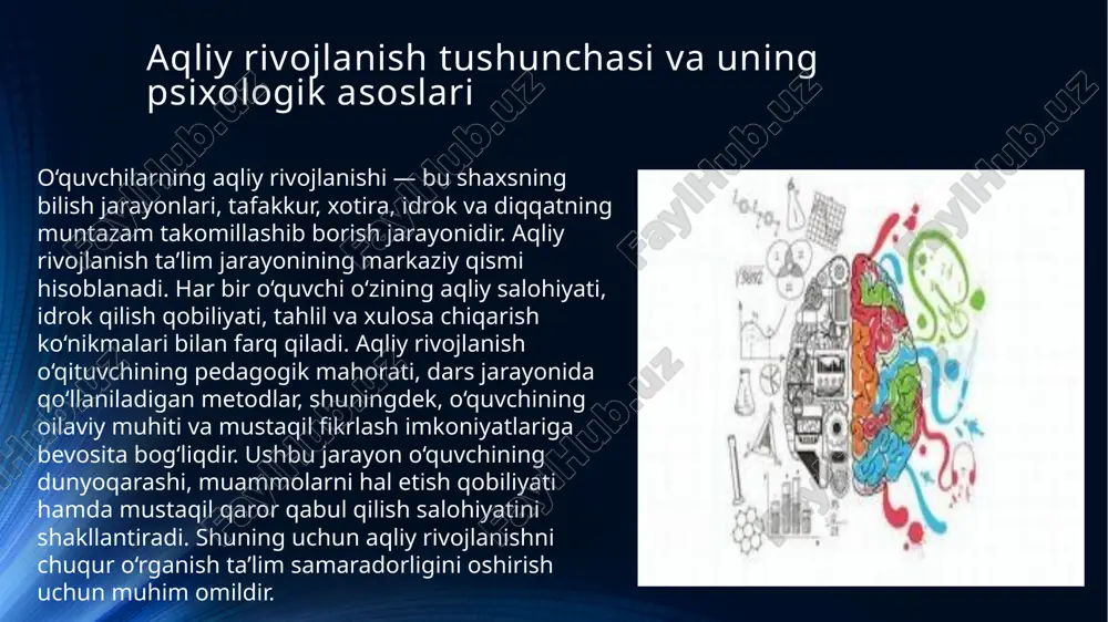 sh uchun ko‘plab psixologik metodlar qo‘llaniladi. masalan, “raven matritsalari”, “wechsler intellekt testi”, “10 so‘z testi”, hamda “arifmetik tafakkur testi” eng mashhurlaridandir. ushbu testlar o‘quvchilarning idrok, tafakkur, diqqat va xotira darajasini o‘lchash imkonini beradi. shuningdek, o‘quvchilar bilan suhbat o‘tkazish, muammoli vaziyatlar asosida topshiriqlar berish va fikrlash tezligini baholash ham samarali usullardandir. natijalar tahlil qilinib, har bir o‘quvchi uchun individual rivojlanish yo‘nalishi belgilanadi. aqliy rivojlanish uchta asosiy darajada baholanadi: yuqori, o‘rta va past. yuqori darajadagi o‘quvchilar tez fikrlaydi, mantiqiy bog‘lanishlarni osongina topadi va ijodiy yondashuvni namoyish etadi. o‘rta darajadagilar o‘qituvchi rahbarligida muvaffaqiyatga erishadi, past darajadagilarga esa ko‘proq metodik yordam zarur bo‘ladi. baholashda test natijalari, kuzatish va suhbat ma’lumotlari tahlil qilinadi. natijalarga ko‘ra o‘quvchi bilan individual ishlash rejalari tuziladi. shu tariqa baholash tizimi har bir o‘quvchining intellektual imkoniyatini yanada to‘liq ochib beradi. xulosa: xulosa qilib aytganda, o‘quvchilarning aqliy rivojlanishini diagnostika qilish — bu o‘quv jarayonini samarali tashkil etishning muhim sharti hisoblanadi. u orqali …