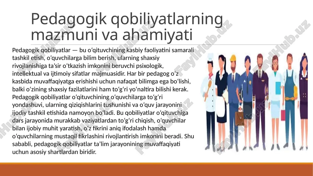 xos muammolariga mos yondashishni o‘rganadi. pedagogik faoliyat davomida o‘qituvchi o‘zining kasbiy mahoratini boyitadi, o‘z-o‘zini tahlil qiladi, dars jarayonida yuzaga kelgan kamchiliklarni tuzatishga harakat qiladi. shu tariqa pedagogik qobiliyatlar uzluksiz rivojlanib boradi. ularni shakllantirishda o‘qituvchining motivatsiyasi, o‘z kasbiga sadoqati va ijtimoiy faol pozitsiyasi hal qiluvchi rol o‘ynaydi. pedagogik qobiliyatlarni rivojlantirishning asosiy yo‘li — bu kasbiy o‘sishga intilishdir. har bir pedagog o‘z faoliyatini doimiy ravishda takomillashtirib borishi, yangi pedagogik texnologiyalarni o‘rganishi zarur. shu bilan birga, o‘qituvchi o‘zini tahlil qilish, darslarni tahlil etish, o‘quvchilardan fikr olish orqali o‘z ustida ishlashi kerak. zamonaviy davrda axborot-kommunikatsiya texnologiyalaridan foydalanish, interaktiv darslarni tashkil etish va ta’limda innovatsion metodlarni qo‘llash pedagogik qobiliyatlarni yanada kuchaytiradi. shuningdek, seminarlar, malaka oshirish kurslari va psixologik treninglar o‘qituvchining kasbiy rivojlanishida muhim ahamiyat kasb etadi. pedagogik qobiliyatlarning shakllanishida o‘qituvchining psixologik barqarorligi va ijobiy emotsional holati ham muhimdir. stressli vaziyatlarda o‘zini tuta olish, o‘quvchilarga nisbatan sabrli va e’tiborli bo‘lish, nizoli holatlarni to‘g‘ri hal qilish pedagogik …