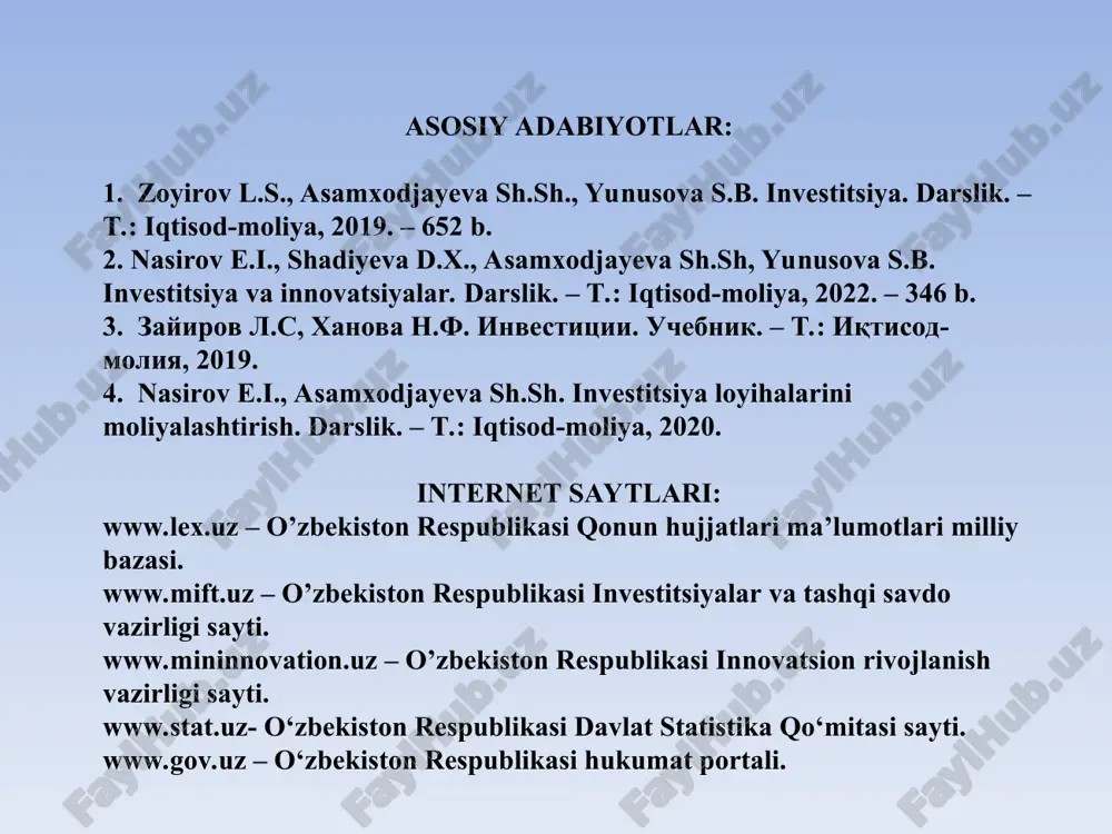 lning o'rtacha o'sishi va o'rtacha darajadagi risk kafolatlanadi. bu eng keng tarqalgan portfel modelidir. daromad portfeli yuqori joriy daromad olishga qaratilgan bo'lib, asosiy daromad manbai qo'shimcha to'lovlar (obligatsiyalar bo'yicha kupon to'lovlari va aksiyalar bo'yicha dividendlar) bo'lgan qimmatli qog'ozlarni o'z ichiga oladi. daromad portfellari yuqori barqaror dividendlar va foizlar keltiruvchi qimmatli qog’ozlarni o'z ichiga olishi kerak. bunday portfellarni maqsadi ma'lum darajada foiz ko’rinishida daromad olishdan iborat. shuning uchun, portfel investitsiyalarning obyektlari yuqori ishonchli moliyaviy aktivlar hisoblanadi. uning turlari: • barqaror daromadli portfel – yuqori ishonchli qimmatli qog'ozlardan iborat bo'lib, minimal risk darajasi bilan o'rtacha daromad keltiradi; • yuqori daromadli portfel – yuqori daromadli qimmatli qog'ozlarni o'z ichiga oladi, ular o'rtacha risk darajasida yuqori daromad keltiradi. aralash (kombinatsiyalashgan) portfel fond bozorida mumkin bo'lgan yo'qotishlarni oldini olish maqsadida tuziladi. asosan, qimmatli qog’ozlarning bozor qiymatini pasayishi, past dividendlar yoki past foizlar natijasida fond bozorida mumkin bo'lgan yo'qotishlarning oldini olishga imkon beradi. ushbu portfelga kiritilgan …