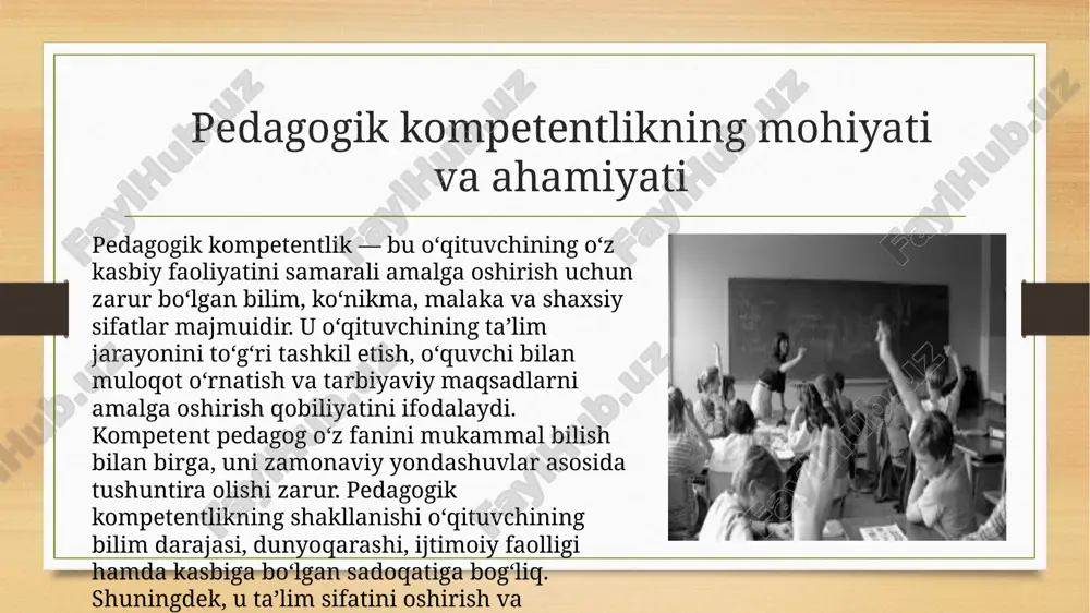 uvchi o‘rtasidagi samarali muloqotni rivojlantiradi. adaptiv funksiya pedagogning ta’limdagi o‘zgaruvchan sharoitlarga moslashish, yangi dasturlar va standartlarni o‘zlashtirish qobiliyatini bildiradi. innovatsion funksiya esa pedagogning yangilik yaratish, ilg‘or tajribalarni o‘rganish va ta’lim jarayoniga zamonaviy yondashuvlarni kiritish qobiliyatini ifodalaydi. bu ikki funksiya pedagogni doimiy o‘sishga undaydi, o‘quvchilarga esa zamon talablari asosida ta’lim olish imkonini beradi. xulosa: pedagogik kompetentlikni shakllantirish va rivojlantirish o‘qituvchining kasbiy muvaffaqiyatini ta’minlovchi asosiy jarayondir. bu jarayon uzluksiz ta’lim, o‘z-o‘zini rivojlantirish, innovatsion fikrlash va tajriba almashish orqali amalga oshadi. pedagog o‘z kompetentligini rivojlantirar ekan, ta’lim sifatini oshiradi, o‘quvchilarning shaxs sifatida kamol topishiga hissa qo‘shadi. shu boisdan pedagogik kompetentlik — bu zamonaviy o‘qituvchining eng muhim fazilati, uning kasbiy faoliyatidagi muvaffaqiyat garovidir. image5.png image6.png image7.png image8.png image9.png image10.png image11.png image12.png image13.png image3.png image4.png /docprops/thumbnail.jpeg