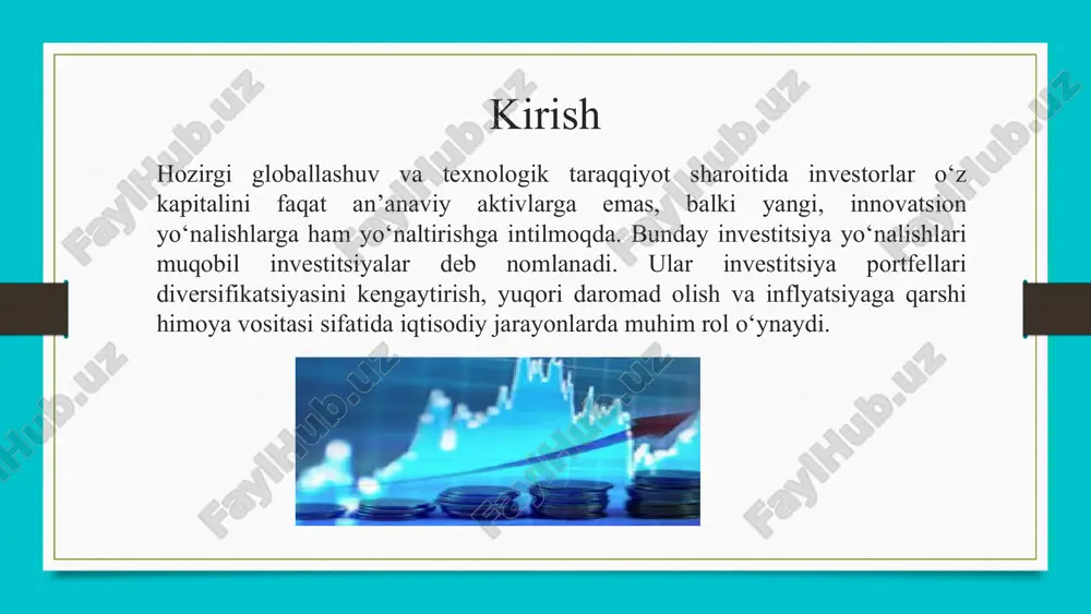 ga yuqori talab narxlarning oshishiga olib keladi va shuning uchun investor foydasi. tovarlar investitsiya maydonida deyarli yangi emas va ming yillar davomida sotilgan. amsterdam, gollandiya va osaka, yaponiya mos ravishda 16 va 17-asrlarda eng qadimgi rasmiy tovar birjasi unvoniga da'vo qilishi mumkin. 19-asr oʻrtalarida chikago savdo kengashi tovar fyucherslari savdosini boshladi. kollektsion buyumlar kolleksiya buyumlari keng assortimentni o'z ichiga oladi, masalan: noyob vinolar vintage avtomobillar tasviriy san'at yalpiz holatda o'yinchoqlar markalar tangalar beysbol kartalari to'plamga investitsiya qilish, aktivlarning qiymati vaqt o'tishi bilan qadrlanadi degan umidda jismoniy narsalarni sotib olish va saqlashni anglatadi. ushbu investitsiyalar boshqa turlarga qaraganda qiziqarliroq va qiziqarli bo'lib tuyulishi mumkin, ammo sotib olishning yuqori xarajatlari, sotilgunga qadar dividendlar yoki boshqa daromadlarning etishmasligi va aktivlar to'g'ri saqlanmasa yoki ularga g'amxo'rlik qilmasa, yo'q qilinishi mumkinligi sababli xavfli bo'lishi mumkin. . to'plamga investitsiya qilishda talab qilinadigan asosiy mahorat tajribadir; sarmoyangizdan har qanday daromad kutish uchun haqiqiy mutaxassis bo'lishingiz kerak. muqobil …