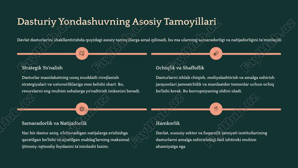 afaqat mablagʻ, balki ilgʻor tajriba va texnologiyalarni ham olib kiradi. jahon banki iqtisodiy islohotlar, qishloq xoʻjaligi va energetika sohalaridagi yirik loyihalarni qoʻllab-quvvatlash. osiyo taraqqiyot banki transport infratuzilmasi, suv ta'minoti va mintaqaviy aloqalarni yaxshilashga qaratilgan investitsiyalar. yevropa tiklanish va taraqqiyot banki xususiy sektor va kichik biznesni rivojlantirish, shuningdek, yashil energetika loyihalarini moliyalashtirish. bu hamkorliklar oʻzbekistonning xalqaro moliya bozorlaridagi ishonchliligini oshirishga yordam beradi. dasturlarning ustuvor yoʻnalishlari davlat rivojlantirish dasturlari asosan mamlakatning ijtimoiy-iqtisodiy salohiyatini oshirishga qaratilgan quyidagi asosiy sohalarni qamrab oladi: ta'lim sifati maktabgacha, umumiy oʻrta va oliy ta'lim tizimini isloh qilish, kadrlar tayyorlash sifatini oshirish. sogʻliqni saqlash tibbiy xizmatlar sifatini yaxshilash, birlamchi tibbiy yordamni kuchaytirish va yuqori texnologiyali tibbiyotni rivojlantirish. raqamlashtirish davlat xizmatlarini raqamlashtirish, "elektron hukumat" tizimini kengaytirish va it-sektorni qoʻllab-quvvatlash. yashil energetika qayta tiklanuvchi energiya manbalarini (quyosh, shamol) joriy etish va energiya samaradorligini oshirish. qishloq xoʻjaligi klaster tizimini rivojlantirish, suv resurslaridan oqilona foydalanish va oziq-ovqat xavfsizligini ta'minlash. moliyaviy monitoring va baholash …