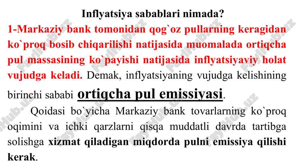 llari buziladi, bu esa narxlarning o'sishiga va umumiy inflyatsiyaga ta'sir qiladi. gaz ta'minoti va elektroenergiya tariflari : agar bir nechta yirik kompaniyalar bir hududda gaz va elektroenergiyani yetkazib berishda monopoliyani qo'lga olgan bo'lsa, ular narxlarni o'zlarining ixtiyoriga ko'ra belgilashlari mumkin. monopoliya tufayli raqobatning yo'qligi inflyatsiyaning oshishiga olib keladi, chunki kompaniyalar narxlarni oshirish orqali daromadni ko'paytirishga harakat qilishadi. 2.mobil aloqa kompaniyalari: ba'zi hududlarda mobil aloqa xizmatlarini faqat bir nechta kompaniya taqdim etadi. agar bu kompaniyalar o'zaro kelishib, narxlarni oshirsa, bu inflyatsiyani kuchaytiradi. masalan, mobil internet va suhbat narxlarining oshishi iste'molchilarni bevosita ta'sir qiladi, bu esa umumiy iqtisodiy narxlarning ko'tarilishiga sabab bo'lishi mumkin. monopoliya narxlarni nazorat qilish imkoniyatini qo'lga kiritgan kompaniyalar uchun foydali bo'lsa-da, bu iste'molchilarga zarar yetkazishi va iqtisodiy muammolarga olib kelishi mumkin. 4.jahonda ro`y berayotgan globalashish jarayoni ta‘sirida inflyatsiya tashqi omillar ta‘sirida ham vujudga kelishi mumkin, ya‘ni tashqaridan jahon savdosi kanallari orqali mamlakatga kirib kelishi mumkin. bunda u yoki bu …