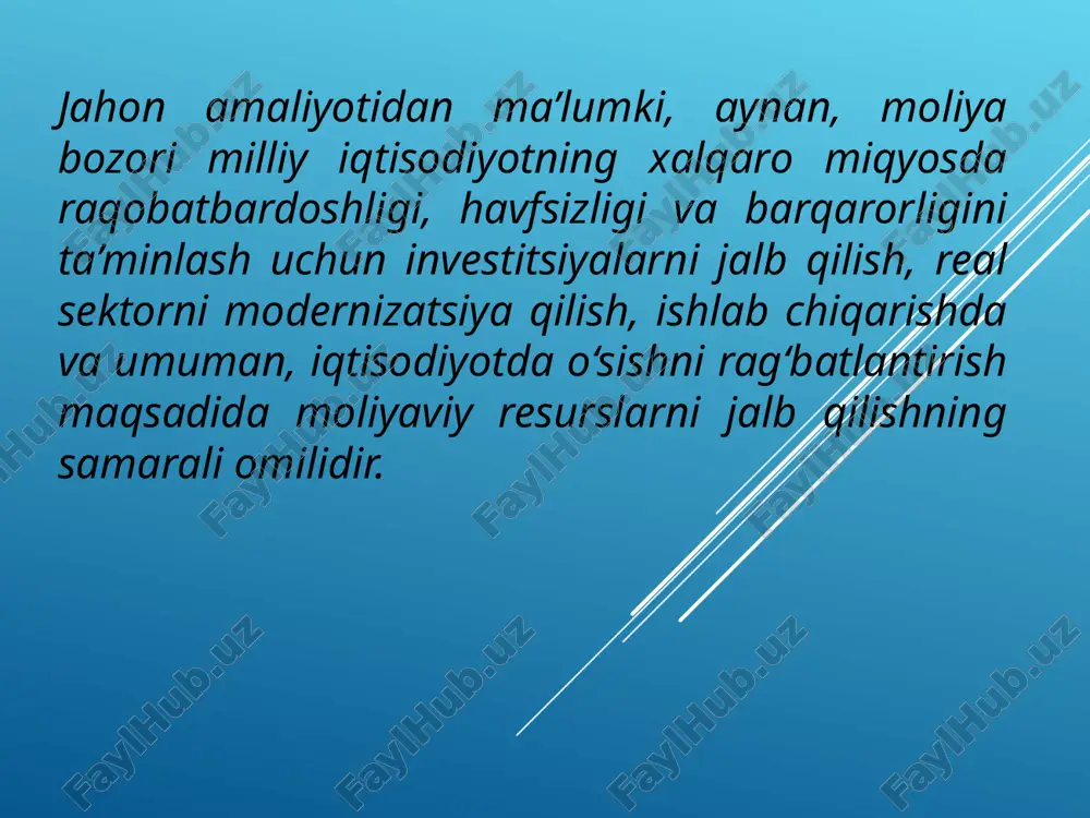 o‘zida mujassamlashtiruvchi emissiyalanuvchi va emissiyalanmaydigan qog‘ozlar kiradi. bazislilariga esa derivativlar (hosilaviy qimmatli qog‘ozlar) kiradi. shaxslarga nisbatan cheklanishlar bo‘yicha: barchaga va cheklangan shaxslarga sotiladigan moliyaviy instrumentlar shakli bo‘yicha: mahsus blanklar ko‘rinishida va elektron hisoblarda (schetlarda) yuritiluvchi moliyaviy instrumentlar vazifalari bo‘yicha: sub’ektlarning ichki va tashqi iqtisodiy maqsad-manfaatlarini qoniqtiruvchi moliyaviy instrumentlar. ro‘yhatdan o‘tkazilishi bo‘yicha: emissiyalanuvchi (aksiya, obligatsiya, derivativlar) va emissiyalanmaydigan (bank sertifikatlari, cheklar, xususiylashtirish jarayonida qo‘llaniladigan vaucher va kuponlar, veksellar, ombor guvohnomalari, konosament, garov qog‘ozlari va h.k.) instrumentlar funksiyasi bo‘yicha: investitsion instrumentlar (qimmatli qog‘ozlar), banklarning moliyalashtirish instrumentlari (kredit, depozit, plastik kartochkalar, cheklar va h.k.), riskni moliyalashtirish instrumentlari (sug‘urta polislari), to‘lov instrumentlari (milliy va horijiy valyuta, halqaro valyuta, kvazivalyuta (psevdovalyuta), birja kotrovkasiga ega bo‘lgan valyuta sifatida o‘tuvchi oltin, platina, kumush, kamyob elementlar, qimmatbaho toshlar va h.k.), tovar taqsimlovchi instrumentlar (tovar varranti, konosament, ombor guvohnomasi va shu kabilar), garov qog‘ozlari, lotereyalar. egalik xuquqini belgilash bo‘yicha: taqdim etuvchiga, egasini ismi yozilgan, orderli moliyaviy instrumentlar. daromad turlariga …