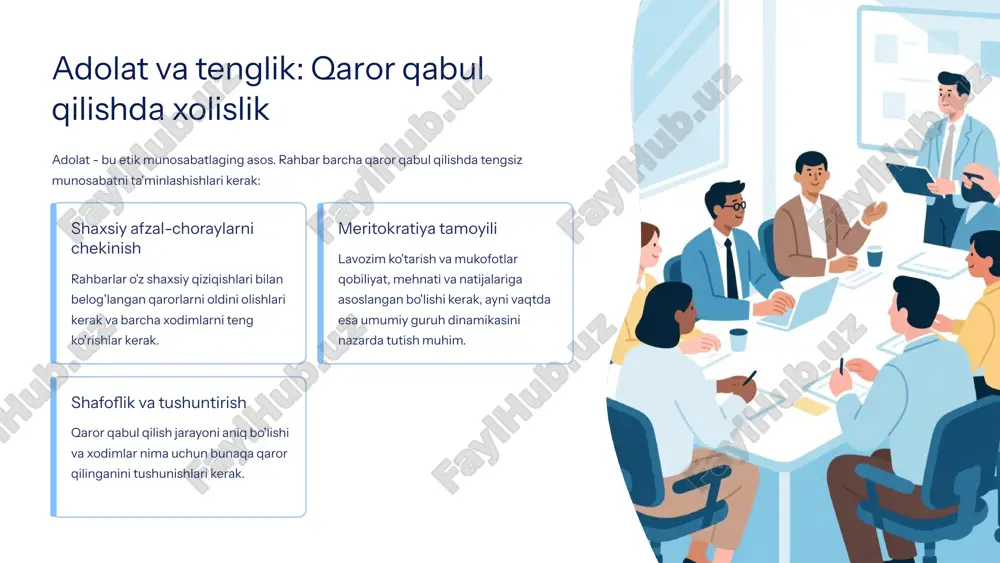 adi. 2 huquqiy muammolar korxona etik qoidabuzarliklar uchun advokat jazolanishlari, jarimalari va reputatsiya zarariga duch kelishi mumkin. 3 xodimlar ketishi etik bo'lmayan rahbarlar va muhit xodimlarni o'z ish joylarini tark etishga majbur qiladi, bu esa xodim sarflari va o'rgatish xarajatlarini oshiradi. xulosa etik munosabatlarni rivojlantirish bir kun yoki bitta qarorning masalasi emas, balki doimiy jarayondir. shuning uchun rahbar va xodimlar birga: etik qoidalari va standartlarini aniq qo'yish - barcha xodimlar bu qoidalarni bilish va tushunishlari kerak muzmundan xodim o'rgatish dasturini ishlab chiqish - yangi xodimlar etik standartlarni chuqur o'rganishlari kerak etik masalalarni ochiq muhokama qilish - muammolar yuzaga kelsa, ularni darhol va to'g'ri tushuntirish kerak etik bo'lmagan harakatlarni qat'iy qo'llanish - qoidabuzarliklar uchun jadval javobgarlik bo'lishi kerak etik madaniyat korxonaning uzunmuddatli muvaffaqiyati, xodim qanoatchaligi va umumiy jamiyat xavfsizligining kalitidir. image1.png image2.png image3.png image4.png image5.png image6.png image7.png image8.svg image9.svg image10.svg image11.png image12.png image13.png image14.png image15.png image16.png