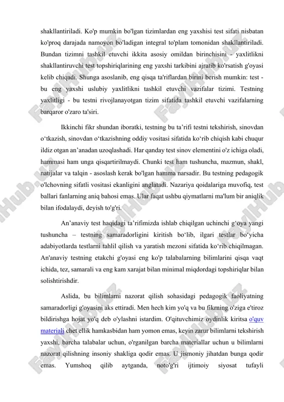 rligini kiritish bo‘lib, ilgari testlar bo‘yicha adabiyotlarda testlarni tahlil qilish va yaratish mezoni sifatida ko‘rib chiqilmagan. an'anaviy testning etakchi g'oyasi eng ko'p talabalarning bilimlarini qisqa vaqt ichida, tez, samarali va eng kam xarajat bilan minimal miqdordagi topshiriqlar bilan solishtirishdir. aslida, bu bilimlarni nazorat qilish sohasidagi pedagogik faoliyatning samaradorligi g'oyasini aks ettiradi. men hech kim yo'q va bu fikrning o'ziga e'tiroz bildirishga hojat yo'q deb o'ylashni istardim. o'qituvchimiz oydinlik kiritsa o'quv materiali chet ellik hamkasbidan ham yomon emas, keyin zarur bilimlarni tekshirish yaxshi, barcha talabalar uchun, o'rganilgan barcha materiallar uchun u bilimlarni nazorat qilishning insoniy shakliga qodir emas. u jismoniy jihatdan bunga qodir emas. yumshoq qilib aytganda, noto'g'ri ijtimoiy siyosat tufayli o'qituvchilarimizning maoshi uzoq vaqt davomida yaxshi o'qitish uchun zarur bo'lgan jismoniy energiya sarfini qoplashni to'xtatdi, aqliy energiyaning ko'payishi haqida gapirmasa ham bo'ladi. to'xtovsiz fikrlash orqali amalga oshiriladi va non izlash bilan band emas. adabiyotlarda ta'kidlanganidek, mamlakatimizda malakali ishchi ish haqi …
