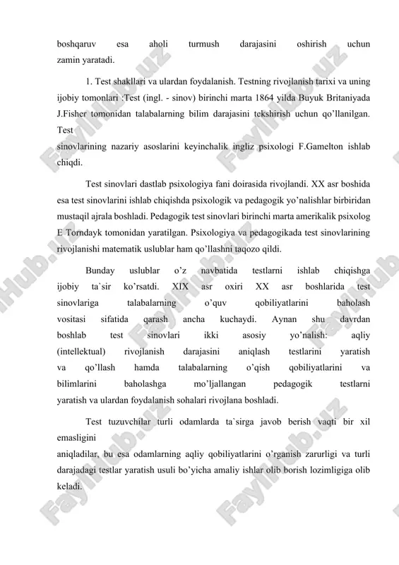 a`lumdir. fransiya parlamenti 1989-yilda ta`limni rivojlantirishning asosiy yo’nalishlari haqida qonun qabul qildi. unda xususan, talabalar bilimini xolisona baholash usuli bo’yicha o’qituvchilar majburiy suratda tayyorgarlikdan o’tishlari ko’zda tutiladi: busiz 1992yildan boshlab fransiyada o’qituvchilik qilishga ruxsat etilmaydi. shunisi qiziqki, fransiya to’qson yillik test an`analariga ega bo’lgan davlatdir. o’tgan asrning 70-yillari oxirida peterburgdagi karnegi-melon universitetining bir guruh sotsial-psixologlari aqshda test o’tkazishning zamonaviy ahvolini o’rganishga bag’ishlangan maxsus tadqiqot olib bordilar. aslida, tadqiqotchilarning maqsadi o’quv yurtlaridagi testlarni keng miqyosda qo’llash sabablarini aniqlash edi. bu tadqiqot natijasida quyidagilar aniqlandi: test sinovi amerika hayotida chuqur ildiz otgan, hech kim amerika maktablarida turli xildagi standartlashtirilgan test bo’yicha sinovdan o’tmasdan, boshqacha yo’l bilan bilim olishni davom ettira olmaydi, ishga joylashish, keyinchalik esa yuqori lavozimga ko’tarilish yoki malaka oshirish test bilan chambarchas bog’lanib ketganligi alohida qayd qilindi. test turlari va test topshiriqlari shakllari agar testlarni turkumlashda ularning qo’llash maqsadi va vazifalariga asoslanadigan bo’lsak, psixologik testlardan boshqa barcha testlarni quyidagi uch …