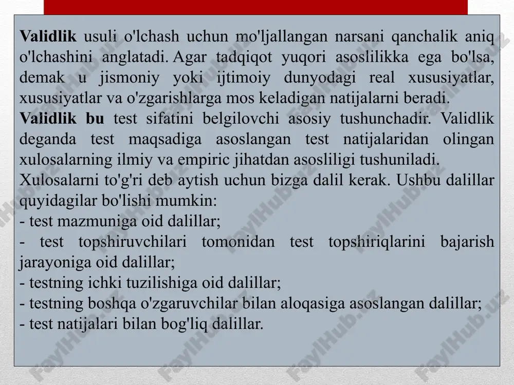 alan, agar test uchun ko'rsatma aniq bo'lmasa yoki chet tili testida tinglash uchun audio matnlar yomon yozilgan bo'lsa, bunday holatlar test topshiruvchilarning natijalariga ta'sir qiladi. ya'ni, konstruktsiyadan mustaqil bo'lgan bunday omillar har safar ushbu testdan foydalanganda konstruktsiyani to'g'ri o'lchashimizga (baholashimizga) to'sqinlik qiladi. tasodifiy xato - muayyan vaziyatda o'lchov natijalariga ta'sir qiladigan xato. jihatdan testning o'zi ishonchli yoki ishonchsiz bo'lmaydi. ishonchlilik-bu ma'lum bir guruh sub'ektlar testda ko'rsatgan natijalarning barqarorligi . shuning uchun, testni testdan o'tkazishda test ishtirokchilari guruhi tarkibi va o'zgaruvchanligi bo'yicha haqiqiy test topshiruvchilar guruhiga yaqin bo'lishi kerak. testning ishonchliligi haqida quyidagi printsiplarni yodda tutish kerak testdan o'tgan guruh qanchalik hotirjam bo'lsa (turli test topshiruvchilardan iborat bo'lsa), testning ishonchliligi shunchalik yuqori bo'ladi. aslida, nazariy jihatdan testning o'zi ishonchli yoki ishonchsiz bo'lmaydi. ishonchlilik-bu ma'lum bir guruh sub'ektlar testda ko'rsatgan natijalarning barqarorligi . shuning uchun, testni testdan o'tkazishda test ishtirokchilari guruhi tarkibi va o'zgaruvchanligi bo'yicha haqiqiy test topshiruvchilar guruhiga yaqin bo'lishi kerak. …