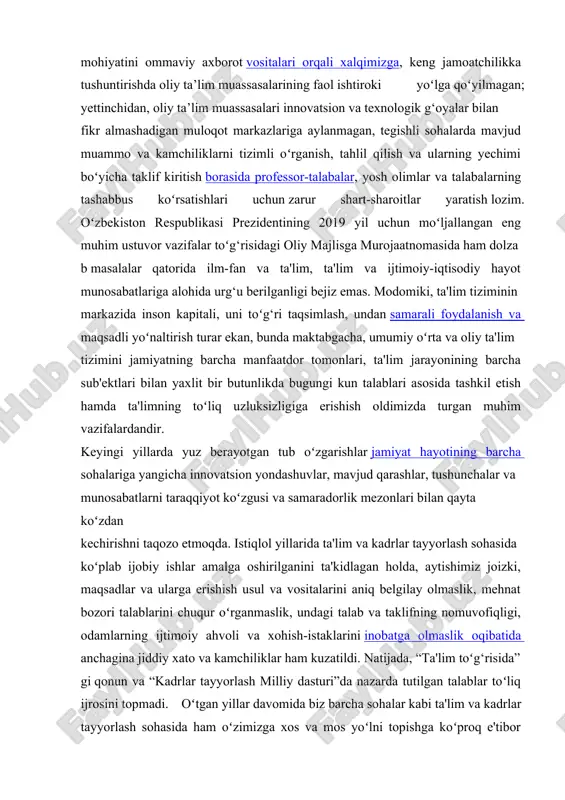 kadrlar tayyorlash sohasida koʻplab ijobiy ishlar amalga oshirilganini ta'kidlagan holda, aytishimiz joizki, maqsadlar va ularga erishish usul va vositalarini aniq belgilay olmaslik, mehnat bozori talablarini chuqur oʻrganmaslik, undagi talab va taklifning nomuvofiqligi, odamlarning ijtimoiy ahvoli va xohish-istaklarini inobatga olmaslik oqibatida anchagina jiddiy xato va kamchiliklar ham kuzatildi. natijada, “ta'lim toʻg‘risida”gi qonun va “kadrlar tayyorlash milliy dasturi”da nazarda tutilgan talablar toʻliq ijrosini topmadi. oʻtgan yillar davomida biz barcha sohalar kabi ta'lim va kadrlar tayyorlash sohasida ham oʻzimizga xos va mos yoʻlni topishga koʻproq e'tibor qaratdik. prezidentimiz shavkat mirziyoyev soʻnggi yillarda ta'lim sohasini isloh qilishga, kadrlar tayyorlash sifatini tubdan takomillashtirishga, xususan, tizimga rivojlanga xorijiy mamlakatlar tajribasini tatbiq etishga jiddiy e'tibor qarata boshladi. bu boradagi islohotlar 2017 yil 14 martdagi “oʻrta maxsus, kasb-hunar ta'limi muassasalari faoliyatini yanada takomillashtirish chora-tadbirlari toʻg‘risida”gi, 2017 yil 20 apreldagi “oliy ta'lim tizimini yanada rivojlantirish chora-tadbirlari toʻg‘risida”gi, 2017 yil 22 maydagi “oliy oʻquv yurtidan keyingi ta'lim tizimini yanada takomillashtirish …