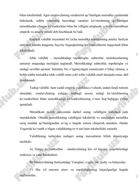 nligi haqida ma'lumotlar; g) boshqa metodikalar yordamida olingan ma'lumotlar – validlik tekshirilayotgan metodikaning boshqa metodika bilan bog‘liqligining etarli darajadaligi. 2. ishonchlilik – psixodiagnostik metodikalarning muhim psixiometrik ko‘rsatkichi sifatida. ishonchlilik turlari va ularni aniqlash usullari metodikaning ishonchliligi – metodika yordamida barqaror, qat'iy ko‘rsatkichlarni olish imkoniyatlari bilan tavsiflanadi. psixologik test natijalarini nazorat qilish murakkab omillarga bog‘liq va bu quyidagilardir: asbob-uskunalarning o‘lchov sifati; psixologik testlarning doimiy relevant tavsifi; sinaluvchining ko‘rsatmalarni to‘g‘ri tushunishi; sinaluvchining xulqi, xatti-harakati; sinaluvchining dolzarb psixologik holati. psixodiagnostik tadqiqot jarayonida ushbu omillarning o‘zgarishi o‘lchovning ishonchlilik darajasini pasaytiradi, chunki bu omillarning doimiyligini saqlab turishning imkoni yo‘q, shuning uchun ham psixodiagnost metodikaning yuqori darajada ishonchliligiga amin bo‘lishi juda qiyin. ushbu omillarning asosiylaridan biri metodikaning o‘zining ishonchliligidir, chunki qolgan omillarning olingan natijalar doimiyligiga ta'siri ancha kamdir. psixodiagnostik metodikalarning ishonchliligini ikki xil usul bilan tekshirib chiqish mumkin: ushbu metodika yordamida har xil odamlarda olingan natijalarni taqqoslash. aynan bir xil sharoitda metodikani qo‘llash va undan olingan …