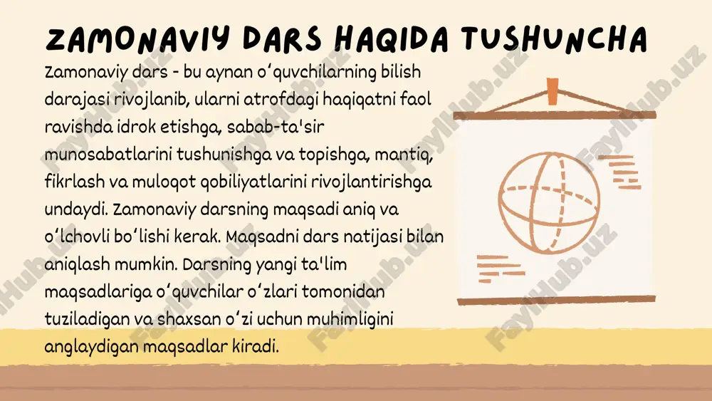 san, bir ruknga jamlangan materiallar to'liq o'tib bo'lingandan so'ng mavzular o'quvchilarga qaytadan bo'lib beriladi. o'qituvchi yordamida reja tuzilib, foydalanilgan adabiyotlar ro'yxati taqdim etiladi. har bir o'quvchi o'z mavzusining mohiyatini ochib berganidan so'ng sinfdagi boshqa o'quvchilar so'zga chiqib mavzuni to'ldirishi mumkin bo'ladi. dars oxirida har bir so'zga chiqqan, munosabat bildirgan, fikrlarini to'ldirgan ishtirokchilarning faoliyati tahlil qilindi, har biri haqida alohida fikr aytilib baholanadi. seminar darslari o'quvchilarda mustaqil izlanish va javobgarlik hissasini tarbiyalaydi. zamonaviy dars turlari laboratoriya darsi- o'quvchilar turli o'quv predmetlari bo'yicha tajribalar, turli qurilmalar yordamida sinov ishlari o'tkazadi. laboratoriya darsi amaliy dars ham deb yuritiladi. amaliy darslarda o'quvchilar guruhlarga ajralib, turli esperimental topshiriqlarni bajarishadi. konferensiya darsi - o'qituvchi konferentsiya darslarini tashkil etishdan avvol dars mavzusi, maqsad va vazifalarini aniq belgilab olishi, mavzuga oid adabiyotlar ro'yxatini tayyorlashi talab etiladi. zamonaviy dars turlari bahs-munozara - o'quvchilarga bir kum oldin mavzu beriladi. o'quvchilar mavzuni o'qib, savollarga javob topib, darsda o'quvchilardan o'sha savollarga javoblar …